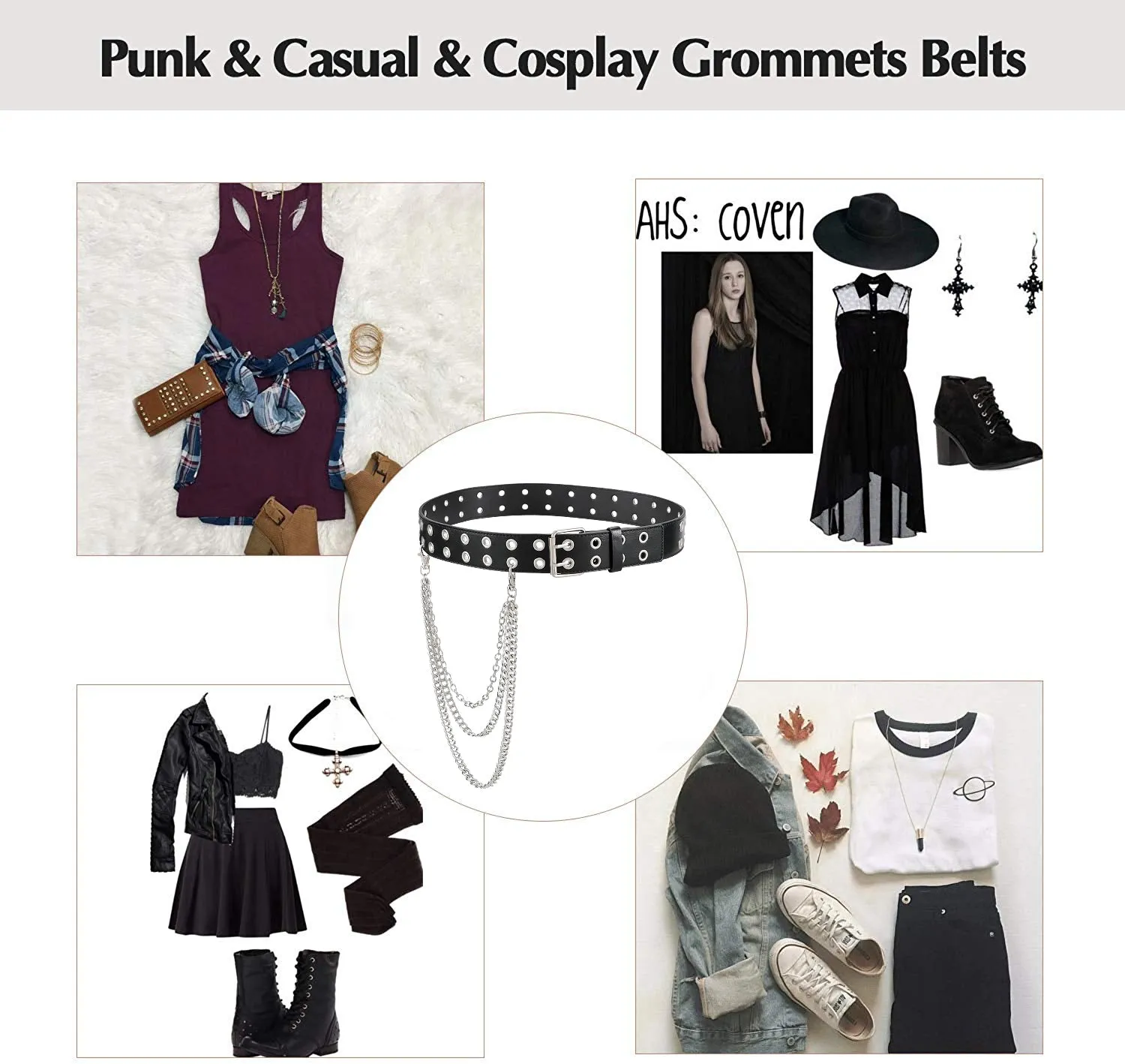 Halloween Double Grommet Belt for Women Men -JASGOOD PU Leather Double Prong Buckle Vintage Punk Rock Jeans Belts