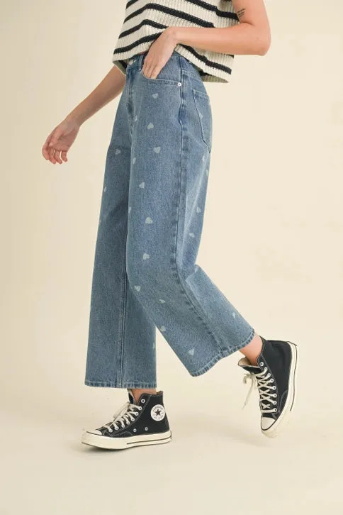 HEART PRINTED DENIM PANTS