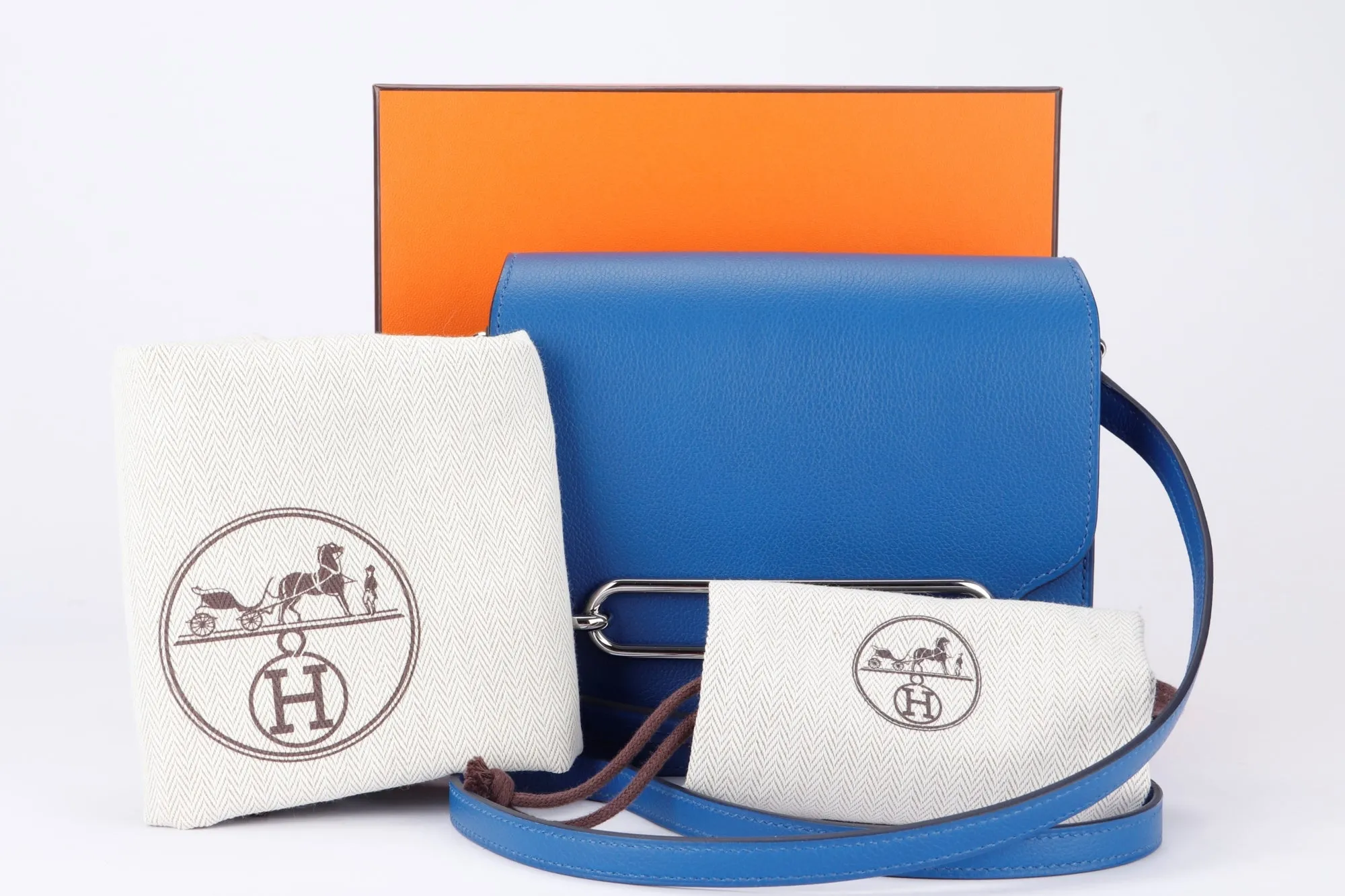 Hermes Mini Roulis, Stamp Z, Blue France Color, Evercolor Leather, Silver Hardware, with Dust Cover & Box