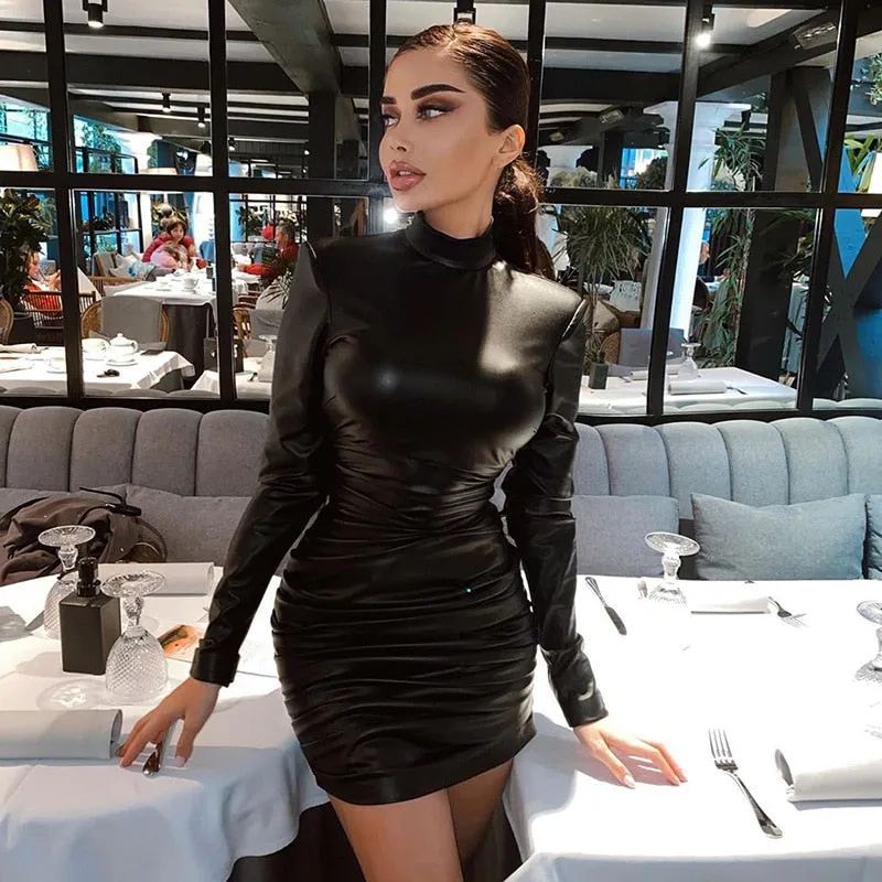 High Neck Retro Leather Dress