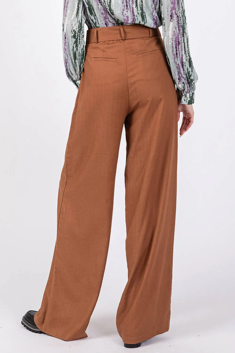 High Waist Belted Sage   Fig Pants: Camel
