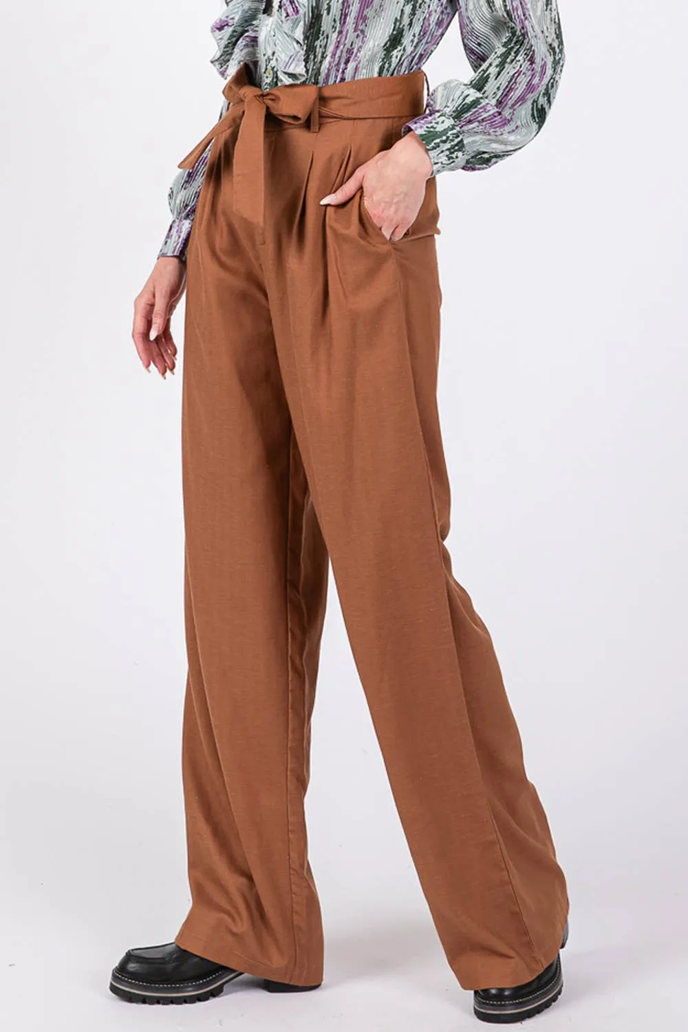 High Waist Belted Sage   Fig Pants: Camel