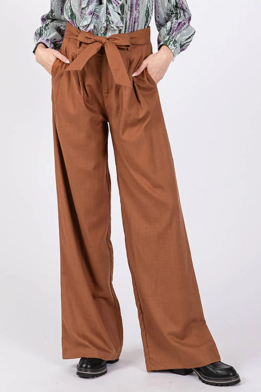 High Waist Belted Sage   Fig Pants: Camel