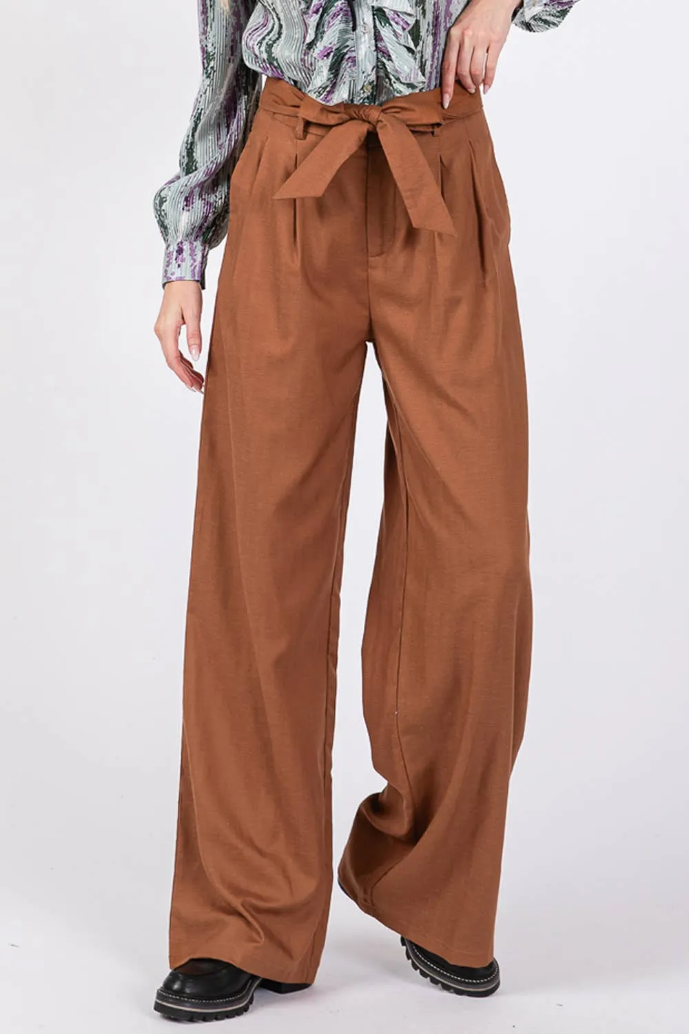 High Waist Belted Sage   Fig Pants: Camel