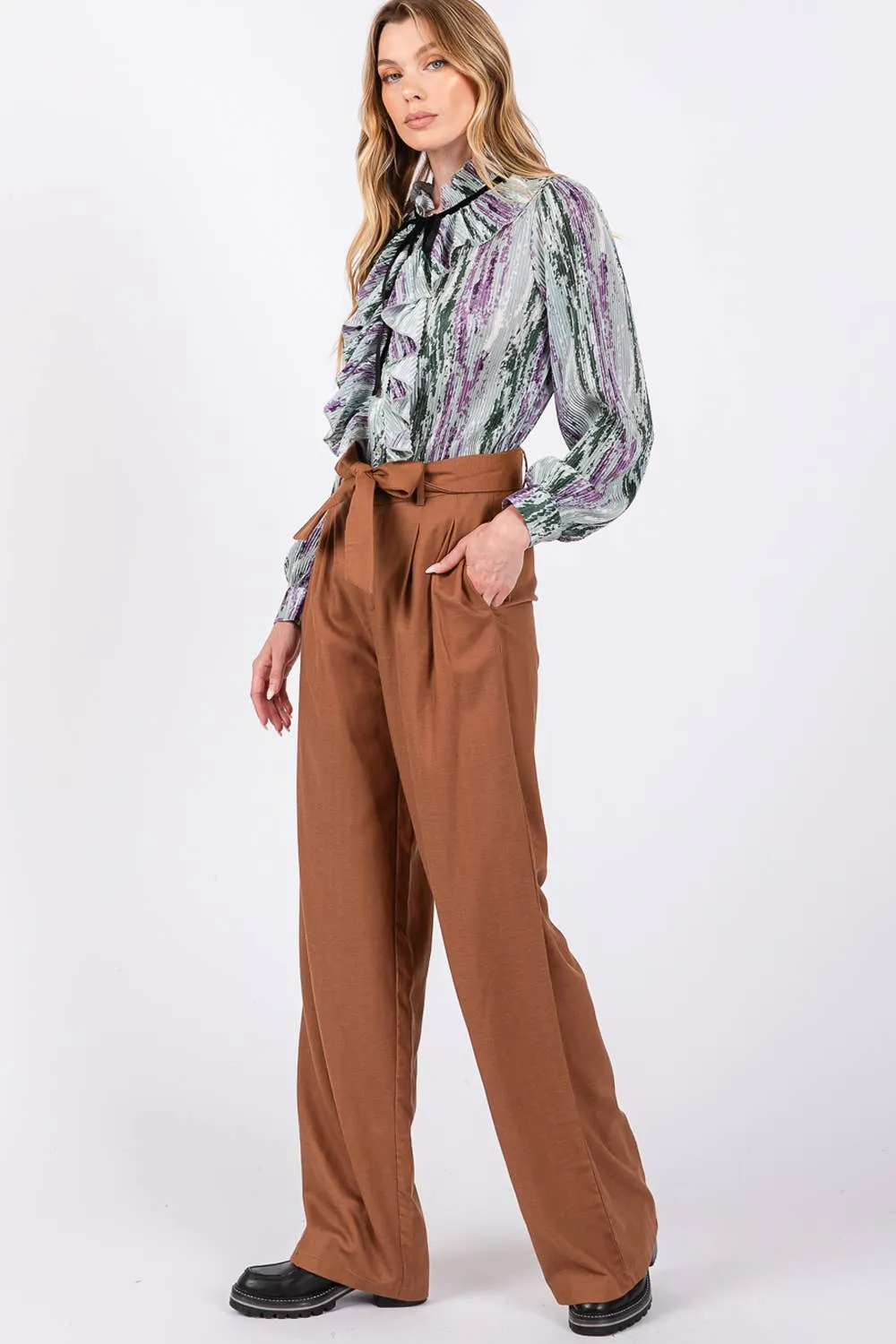 High Waist Belted Sage   Fig Pants: Camel