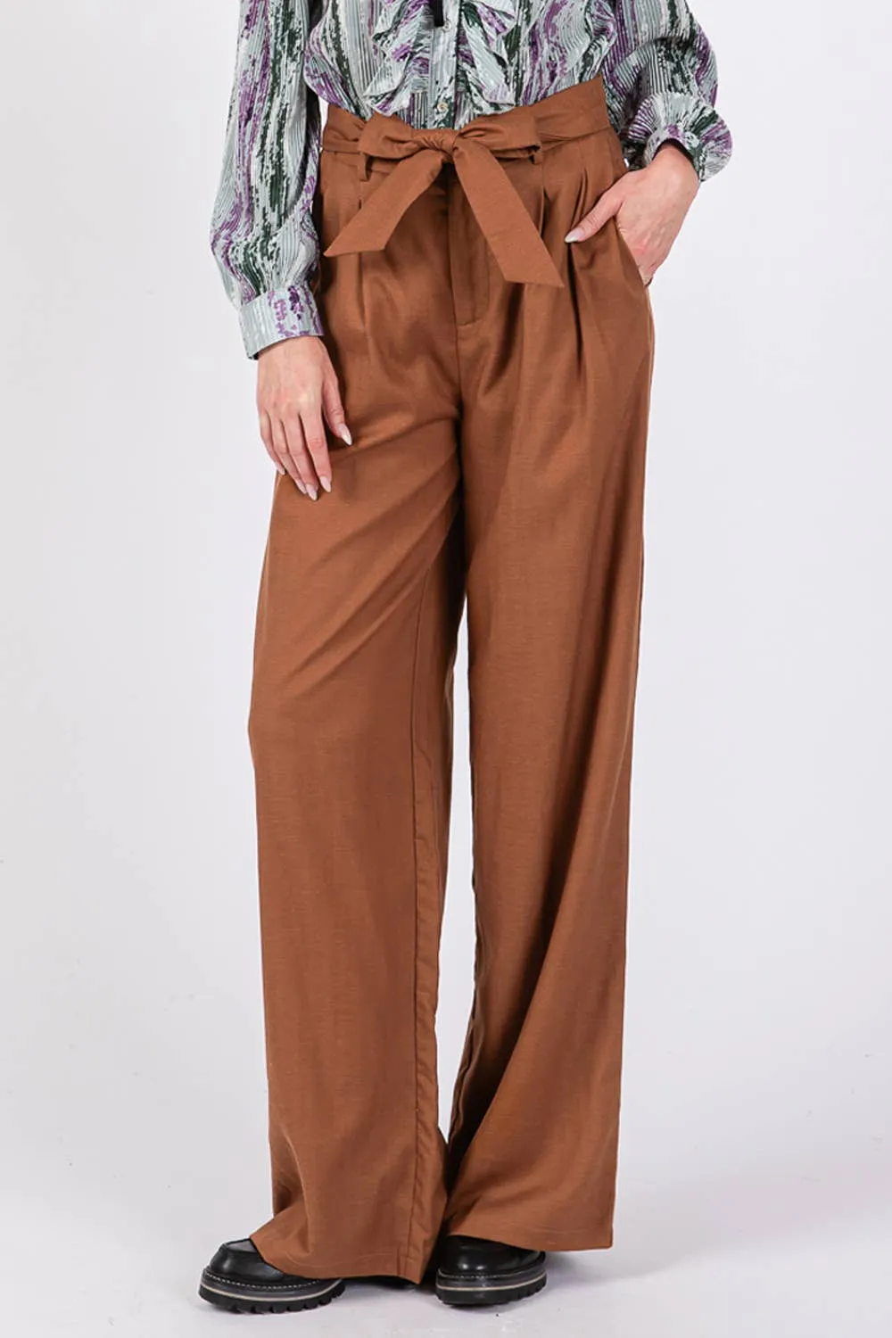 High Waist Belted Sage   Fig Pants: Camel
