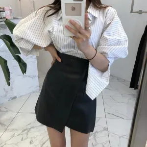'High Waist Flannel Blouse with Leather Skirt Terno Style'