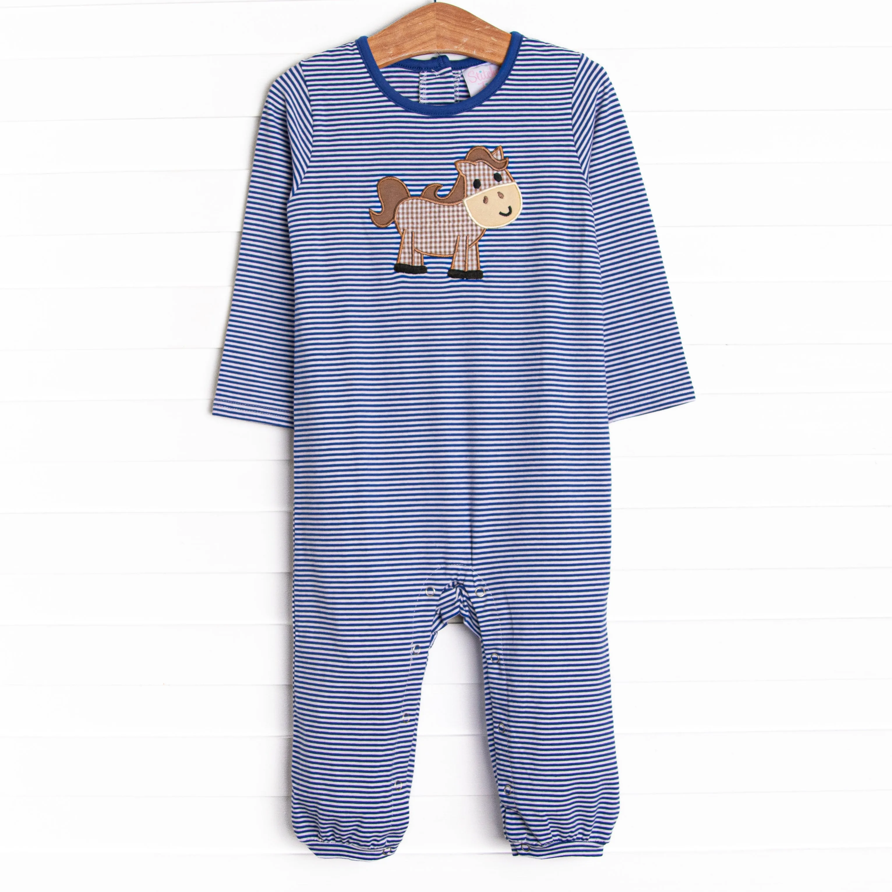 Horsin' Around Applique Romper, Blue Stripe