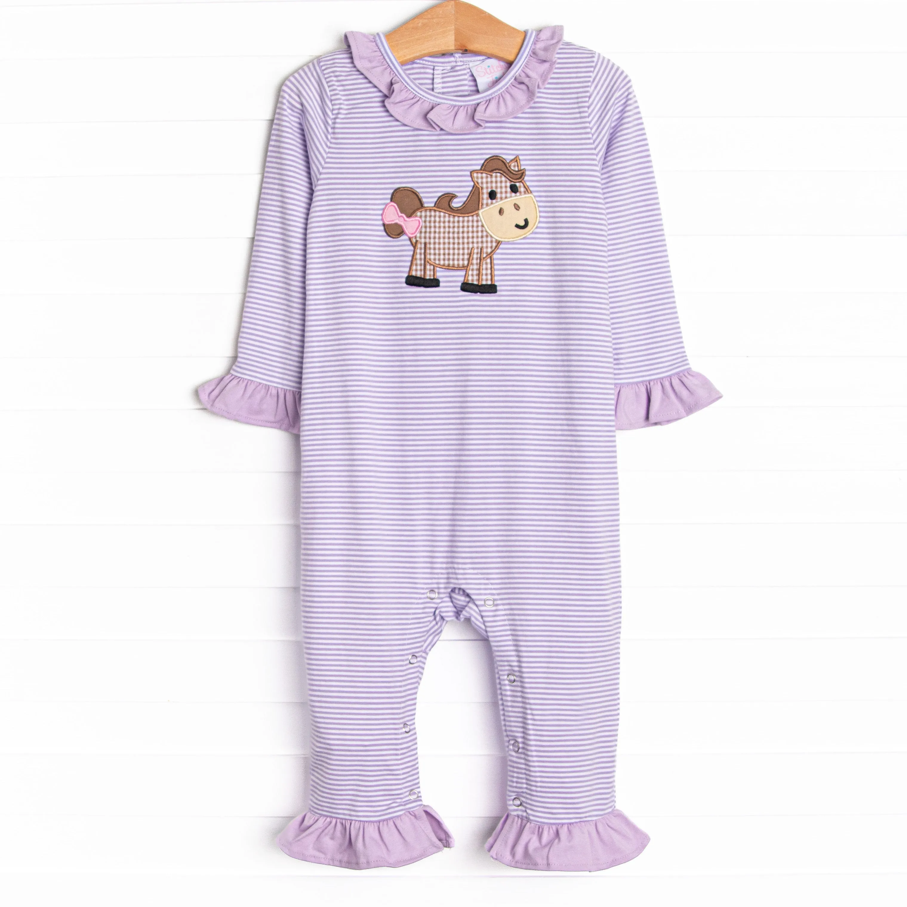 Horsin' Around Applique Romper, Purple Stripe