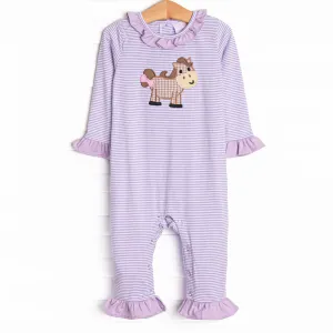 Horsin' Around Applique Romper, Purple Stripe