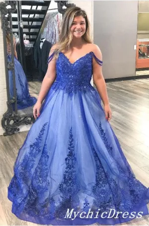 Hot Off the Shoulder Lace Blue Prom Dresses 2024 Plus Size Evening Dress