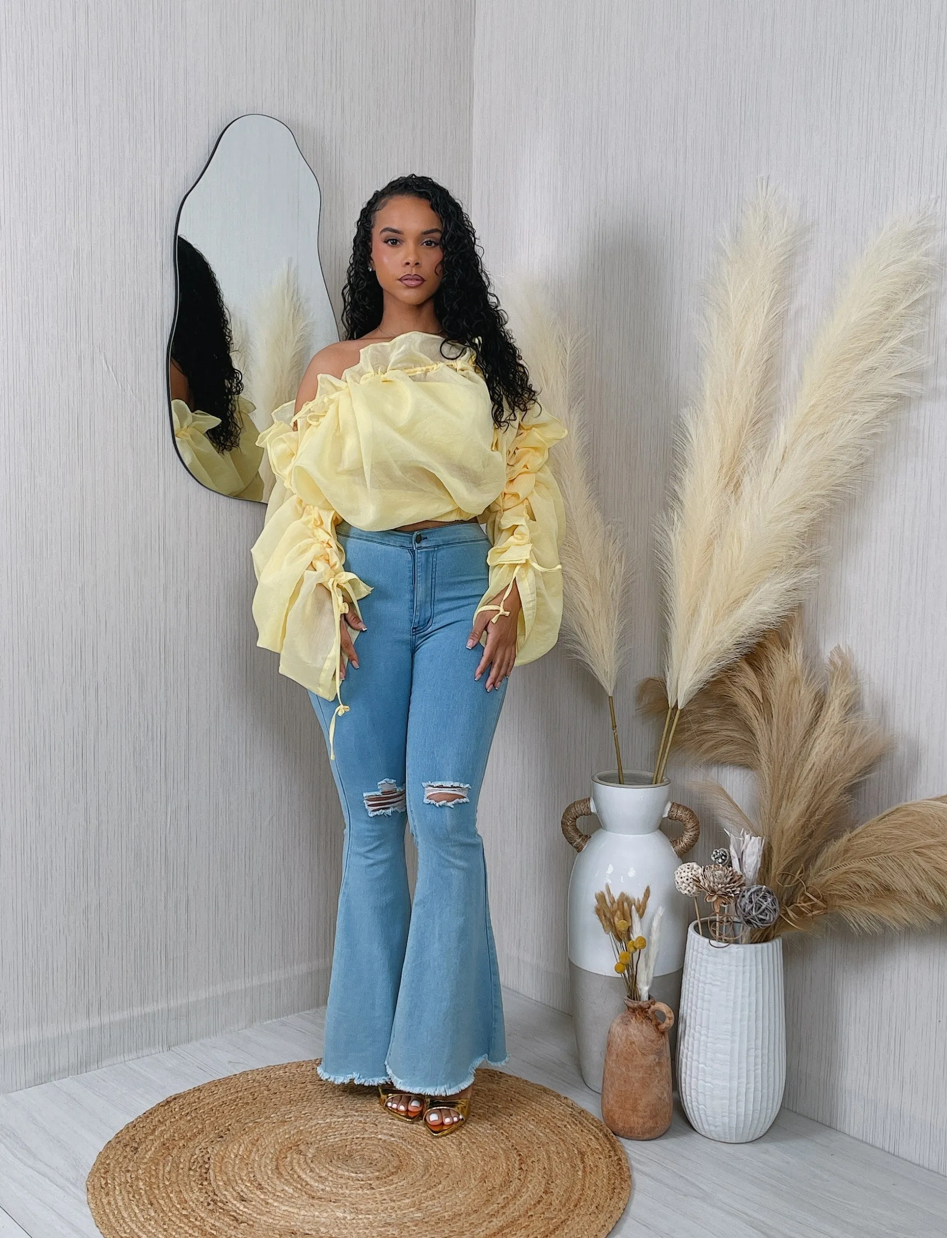 HT2143P - TUBE BANDEAU & OFF SHOULDER RUFFLE CROP BLOUSE SET