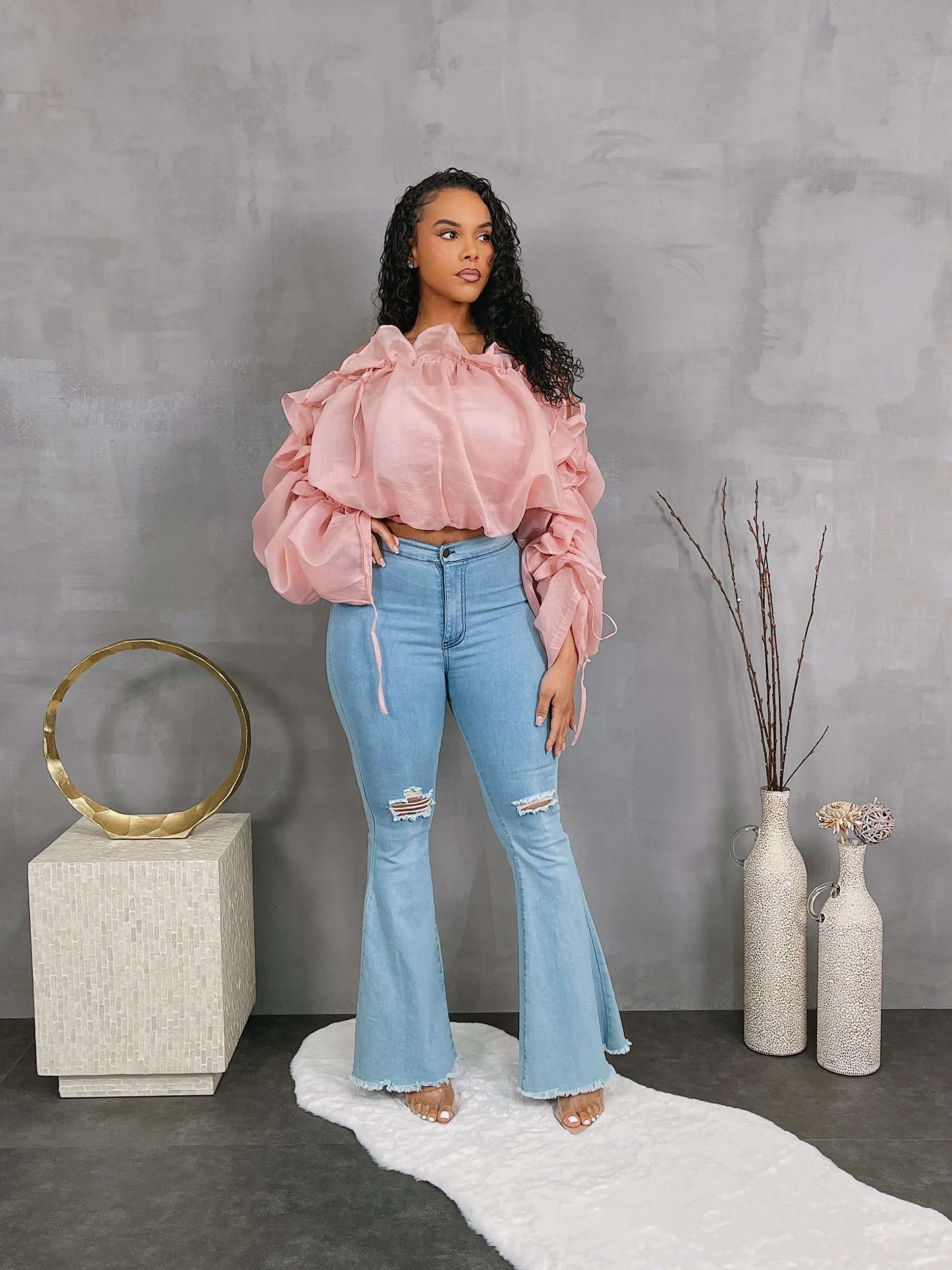 HT2143P - TUBE BANDEAU & OFF SHOULDER RUFFLE CROP BLOUSE SET
