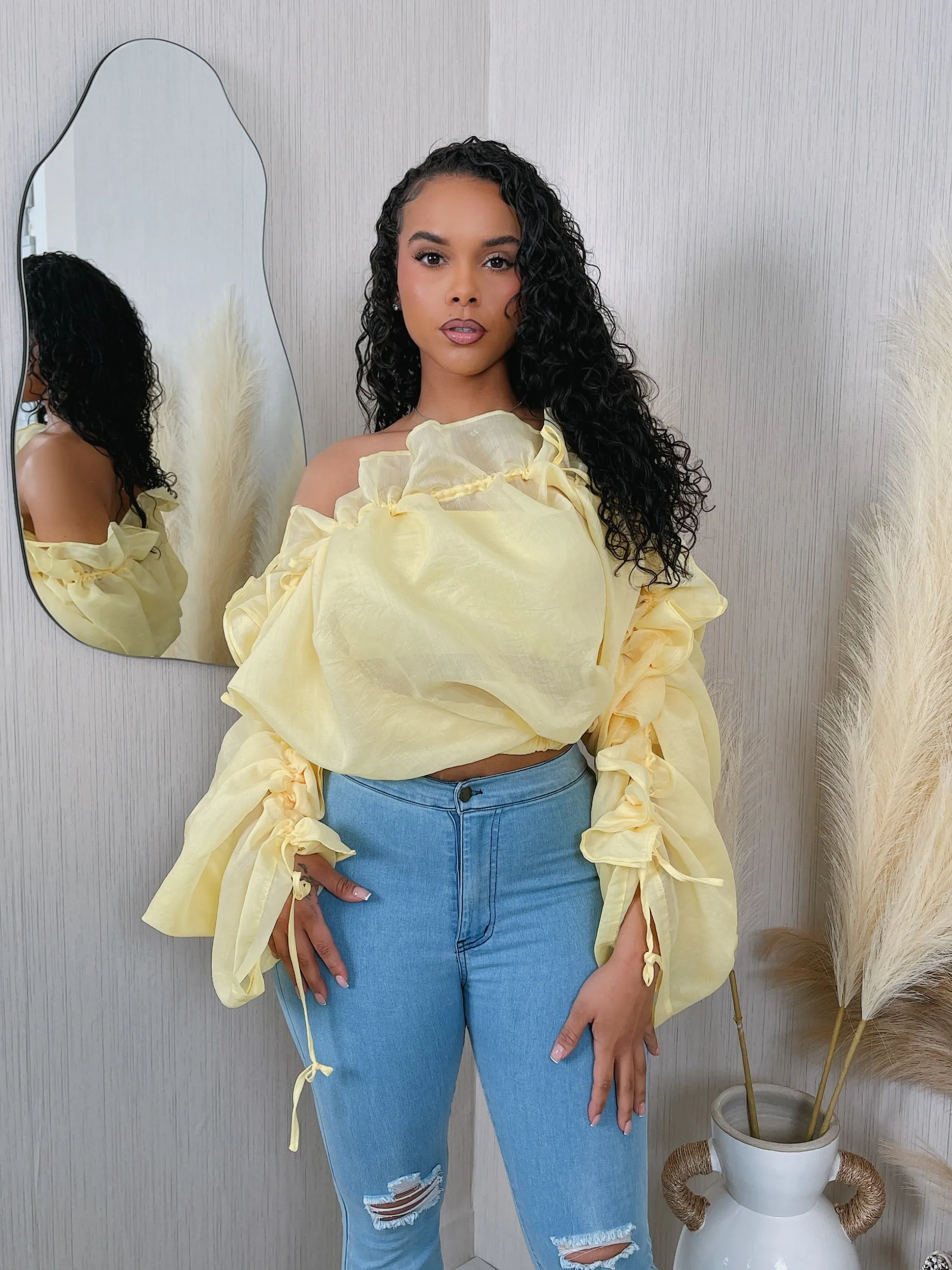 HT2143P - TUBE BANDEAU & OFF SHOULDER RUFFLE CROP BLOUSE SET