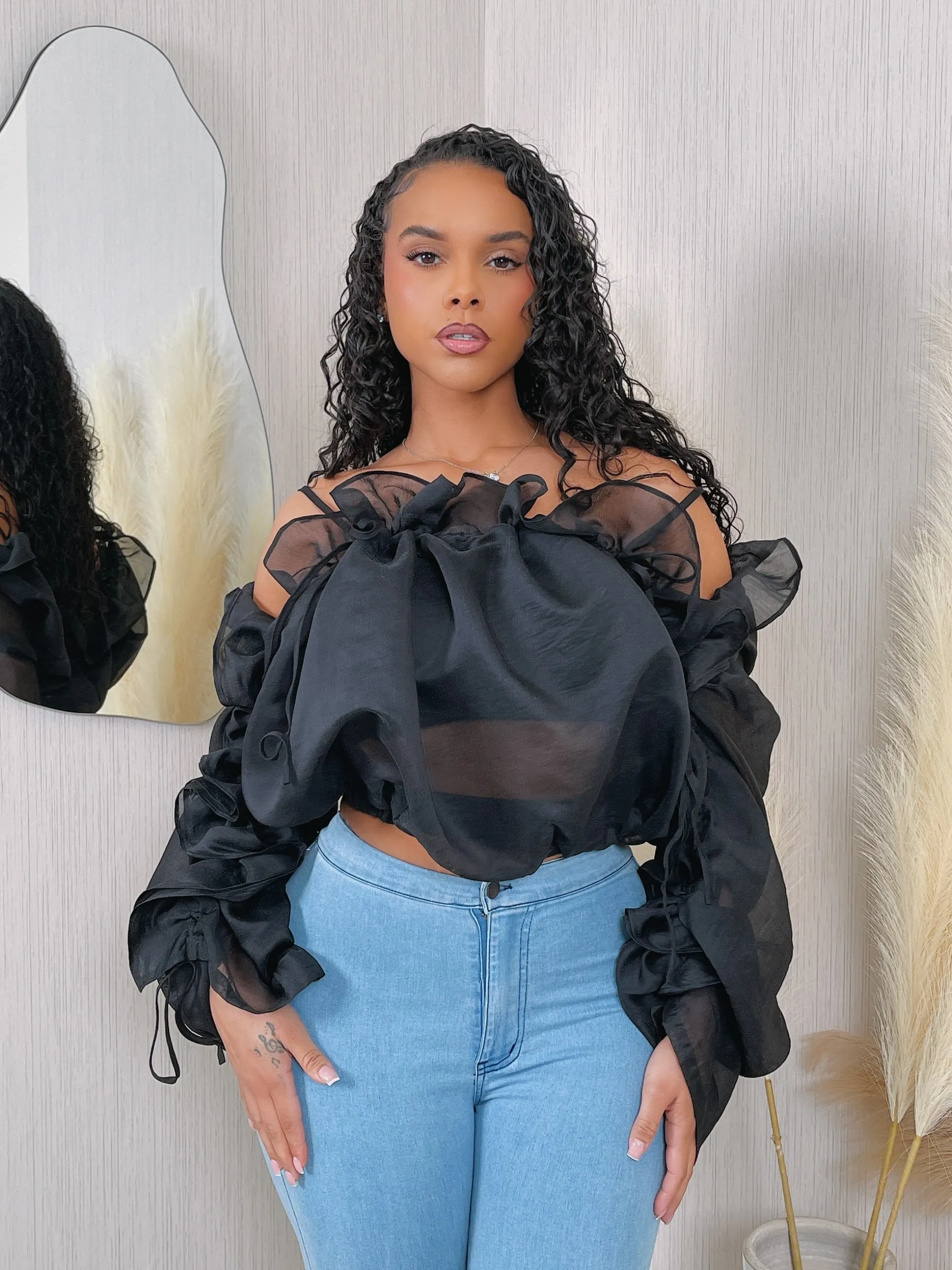 HT2143P - TUBE BANDEAU & OFF SHOULDER RUFFLE CROP BLOUSE SET
