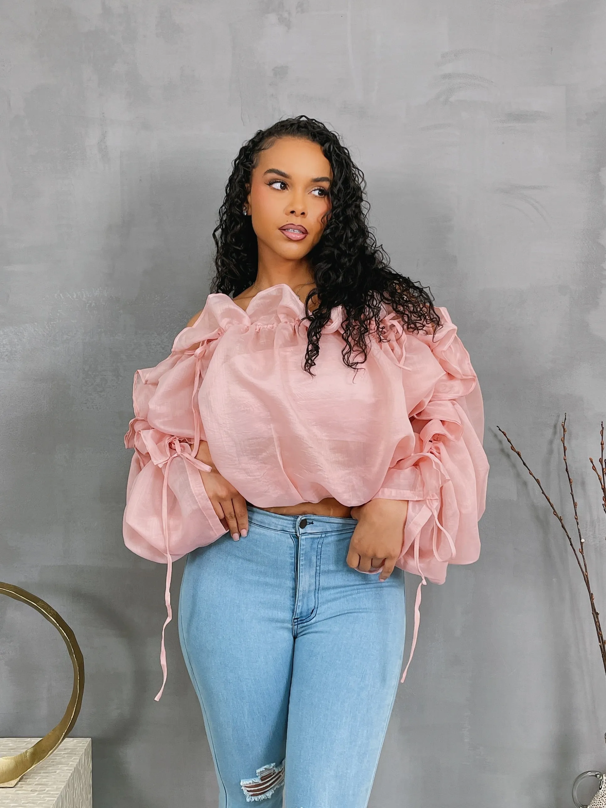 HT2143P - TUBE BANDEAU & OFF SHOULDER RUFFLE CROP BLOUSE SET