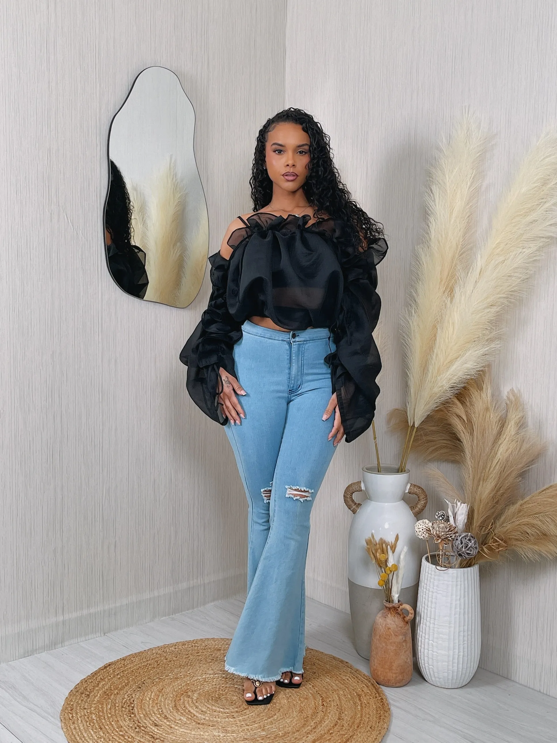 HT2143P - TUBE BANDEAU & OFF SHOULDER RUFFLE CROP BLOUSE SET