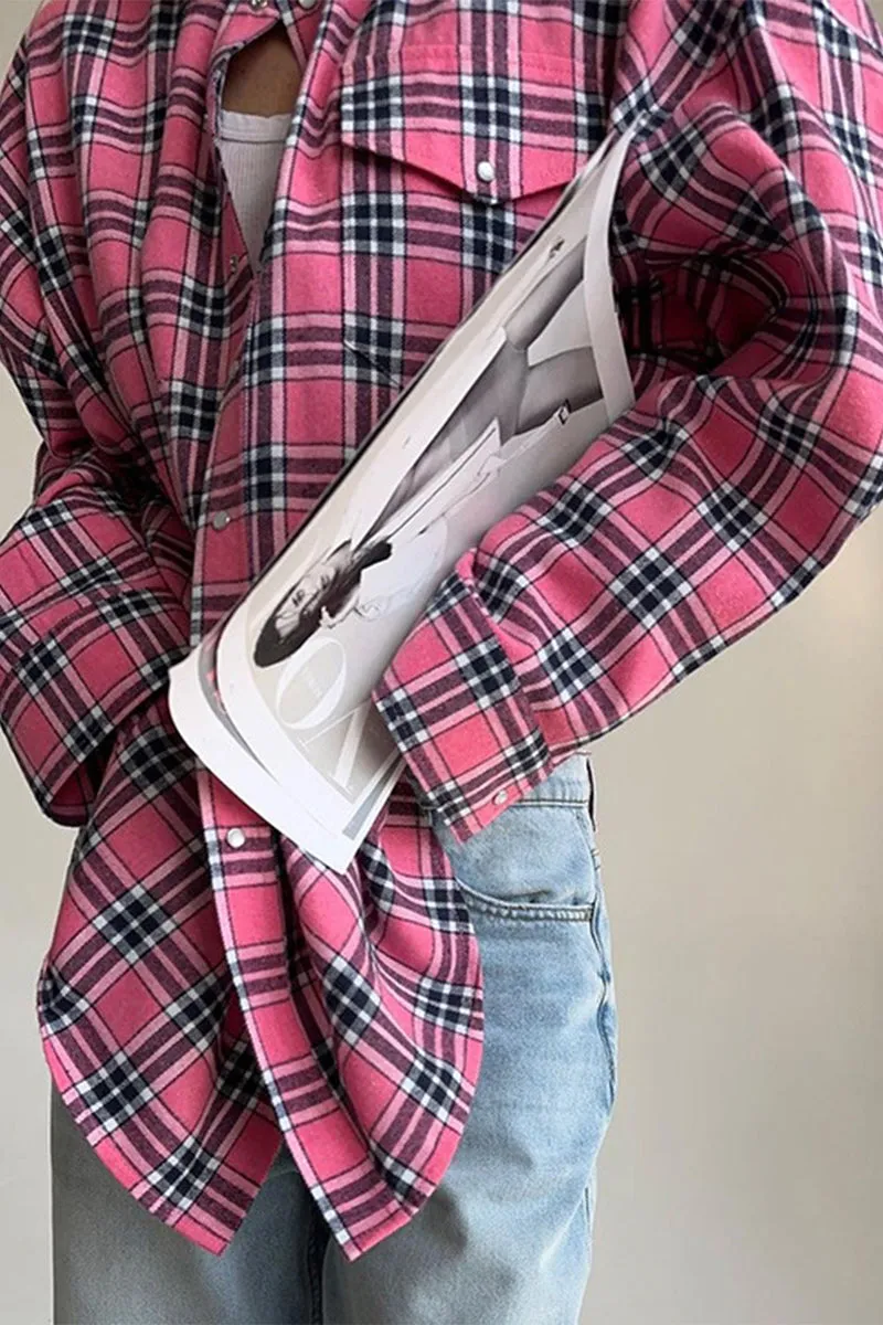HUR1373 Plaid Flannel Shirt Top