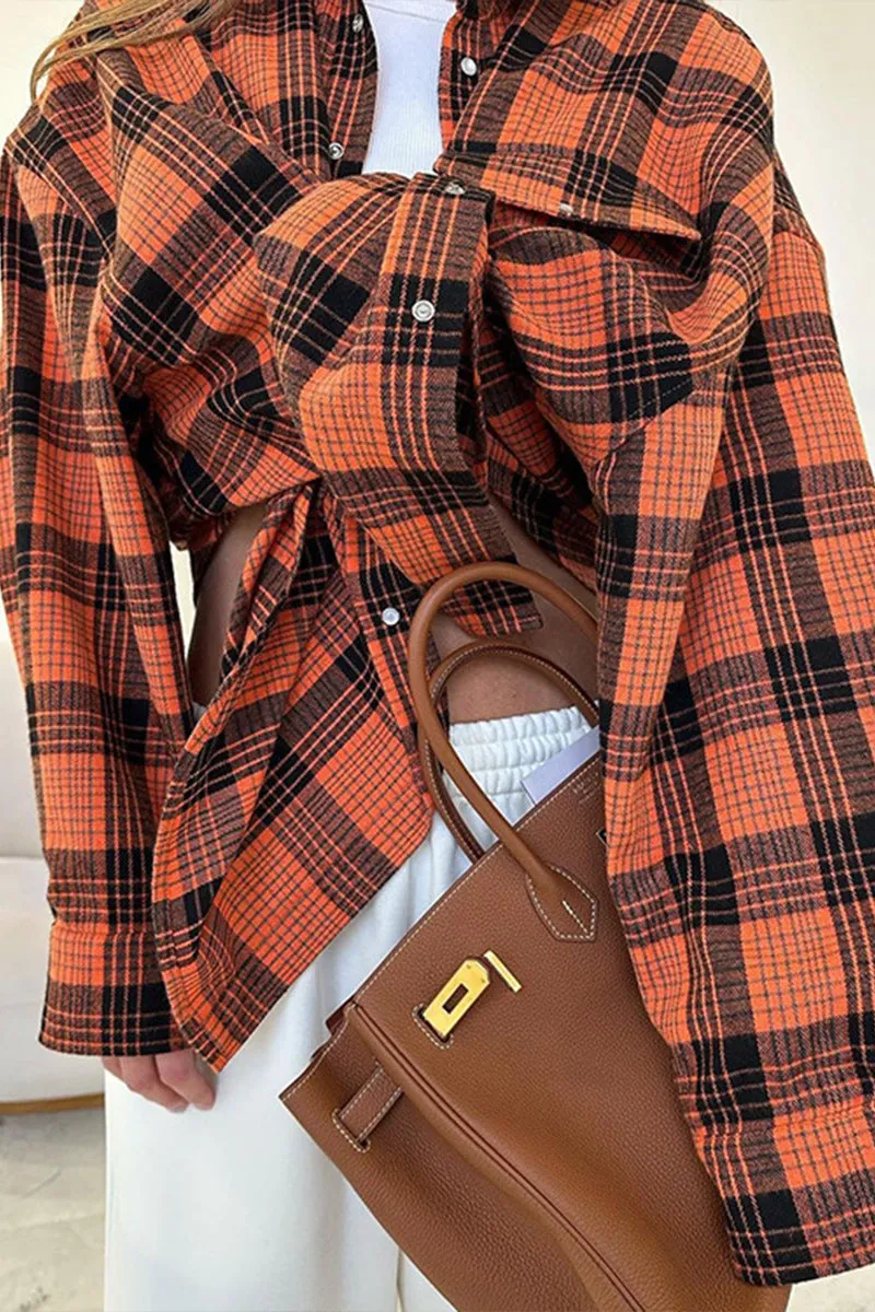 HUR1373 Plaid Flannel Shirt Top