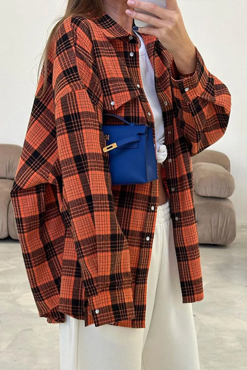 HUR1373 Plaid Flannel Shirt Top