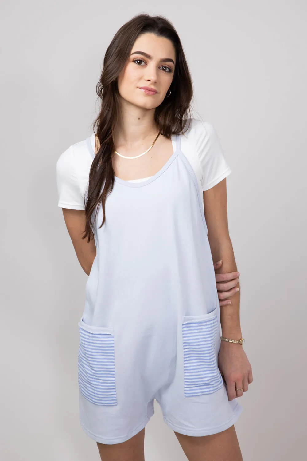 Illa Illa Striped Patch Romper for Women in Light Blue | IM8061-LIGHTBLUE
