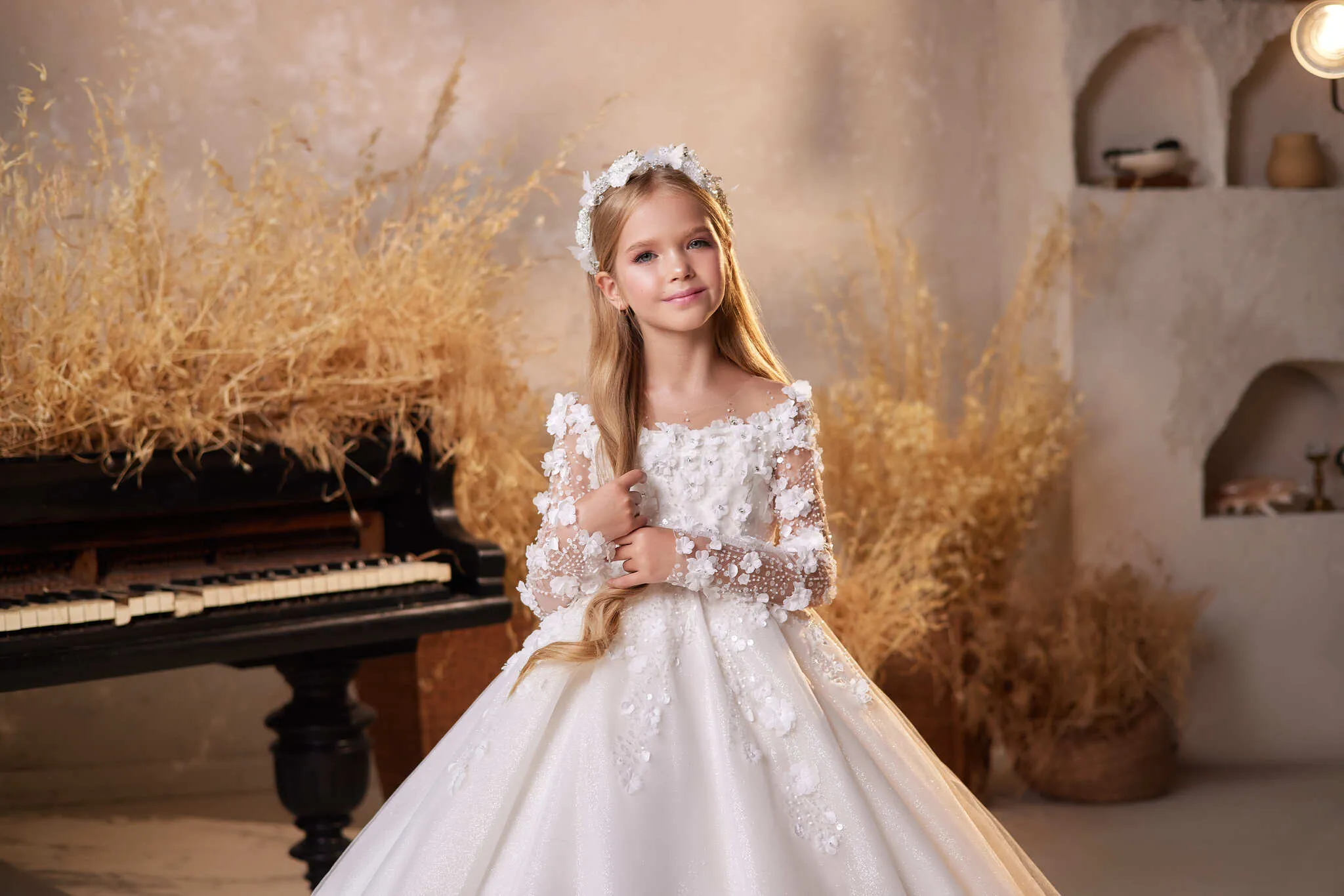 Irena Girls Communion Dress with Silk Flowers