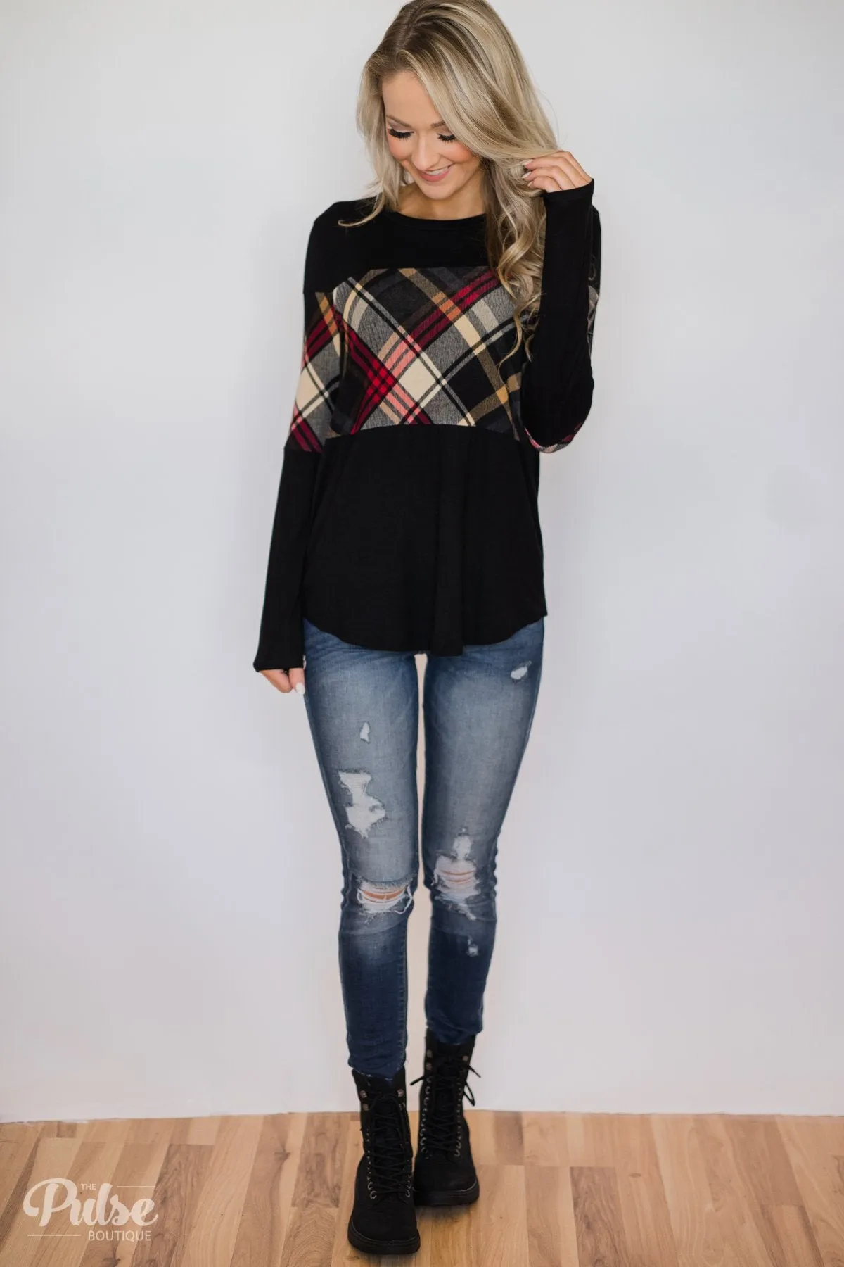 It Goes Like This Long Sleeve Plaid Top- Black