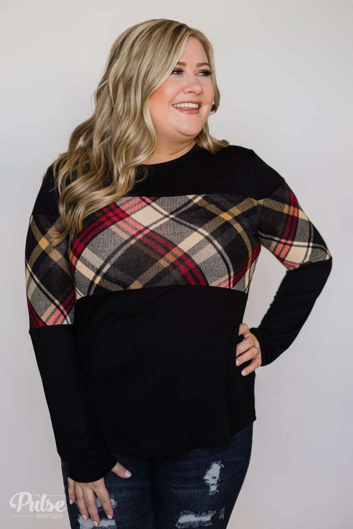 It Goes Like This Long Sleeve Plaid Top- Black