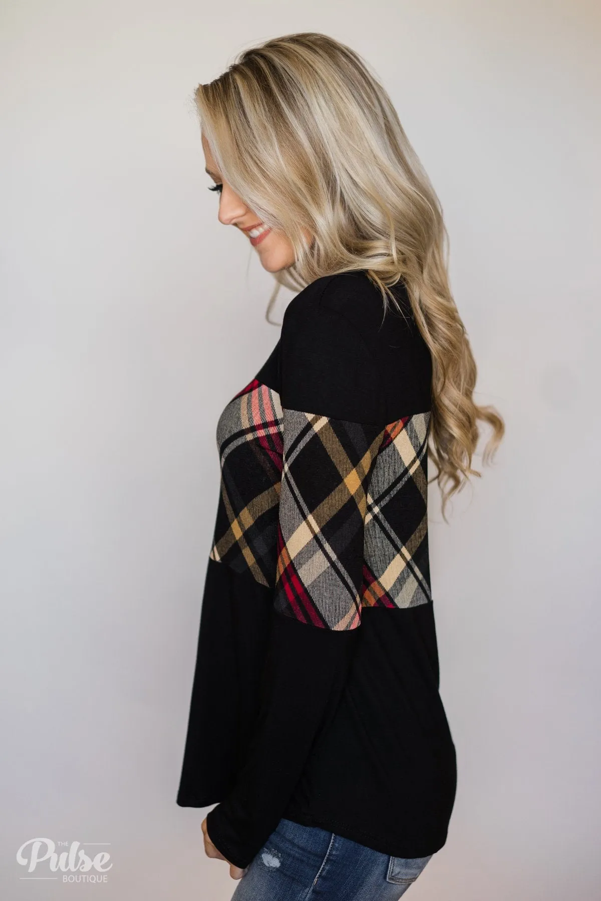 It Goes Like This Long Sleeve Plaid Top- Black