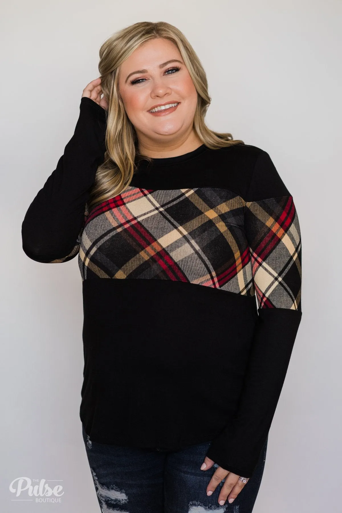 It Goes Like This Long Sleeve Plaid Top- Black