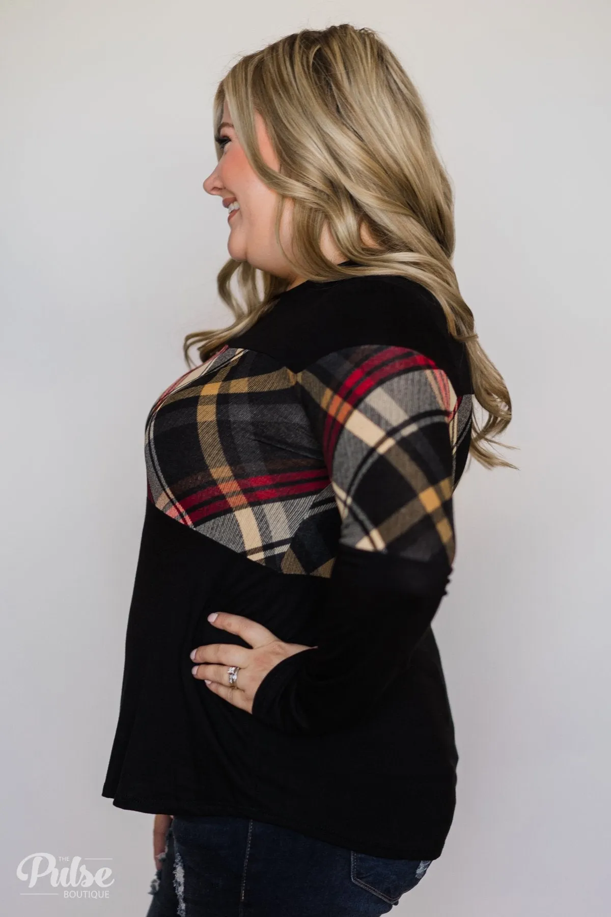 It Goes Like This Long Sleeve Plaid Top- Black