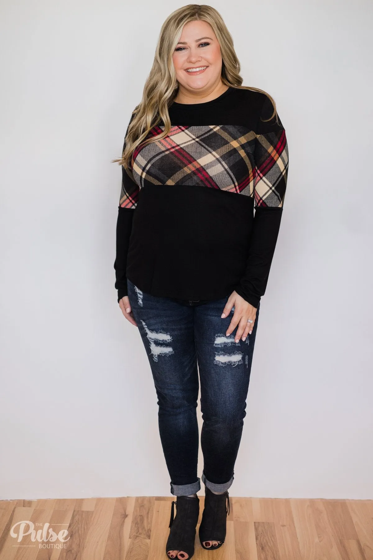 It Goes Like This Long Sleeve Plaid Top- Black