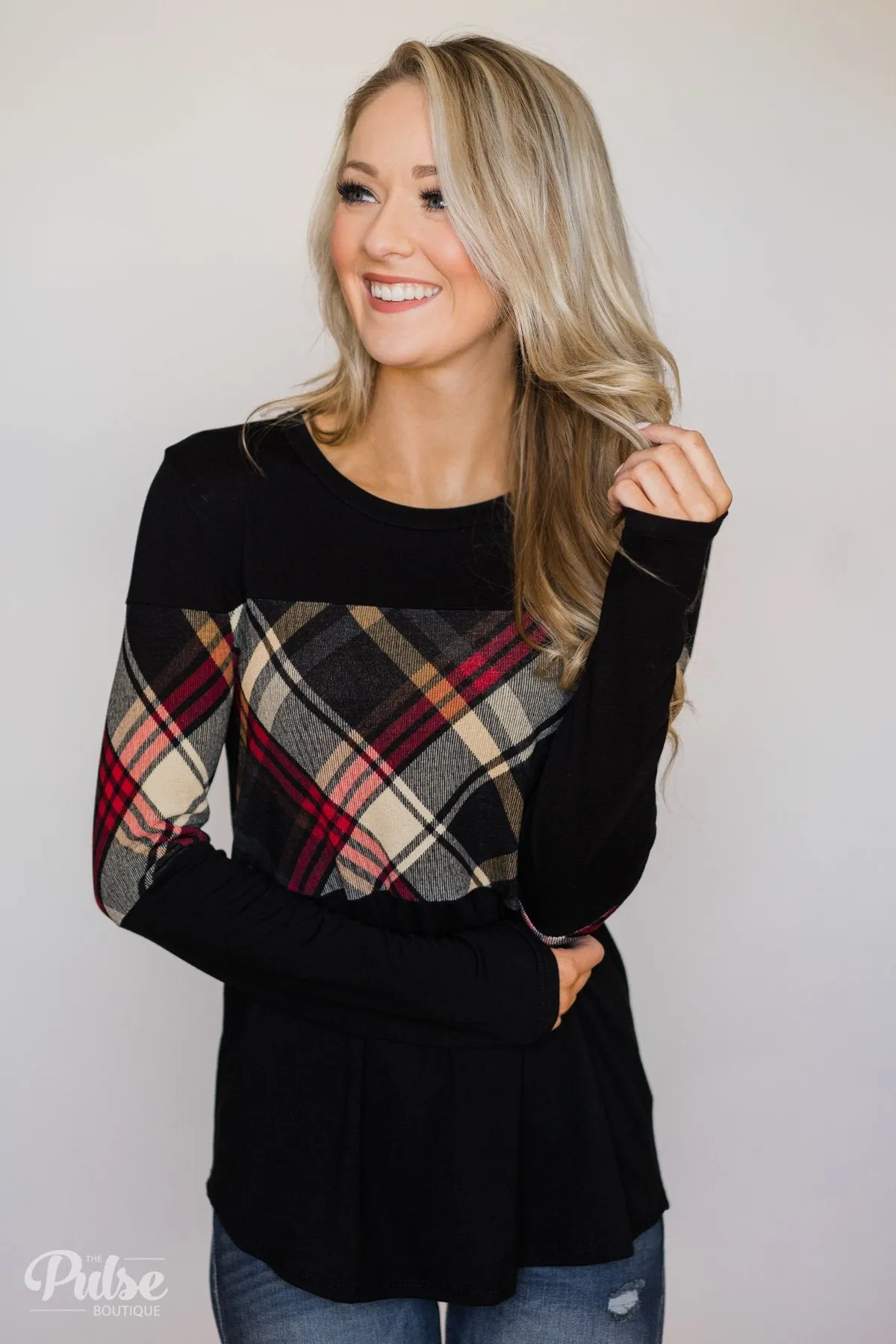 It Goes Like This Long Sleeve Plaid Top- Black