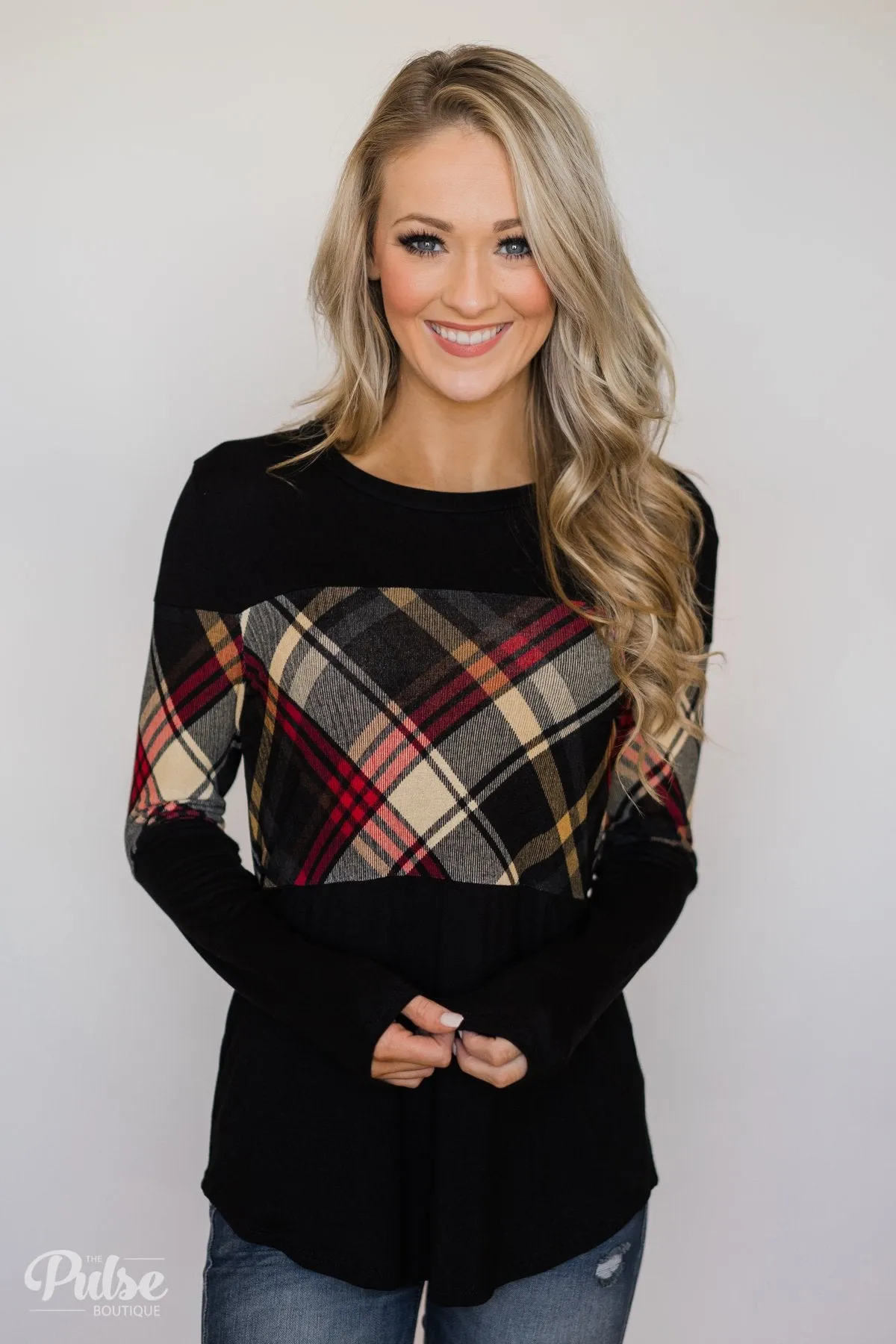 It Goes Like This Long Sleeve Plaid Top- Black