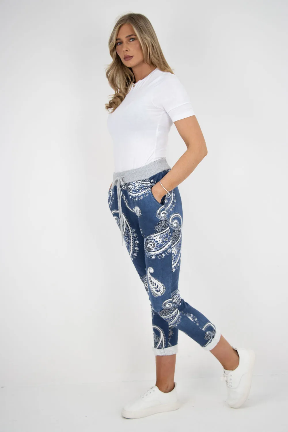 Italian Stretch Cotton Trousers ~ Denim Look Paisley Blue