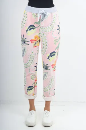 Italian Stretch Cotton Trousers ~ Pink Tropic ~ ONE SIZE