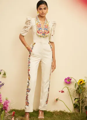 Ivory embroidered and cutwork jumpsuit