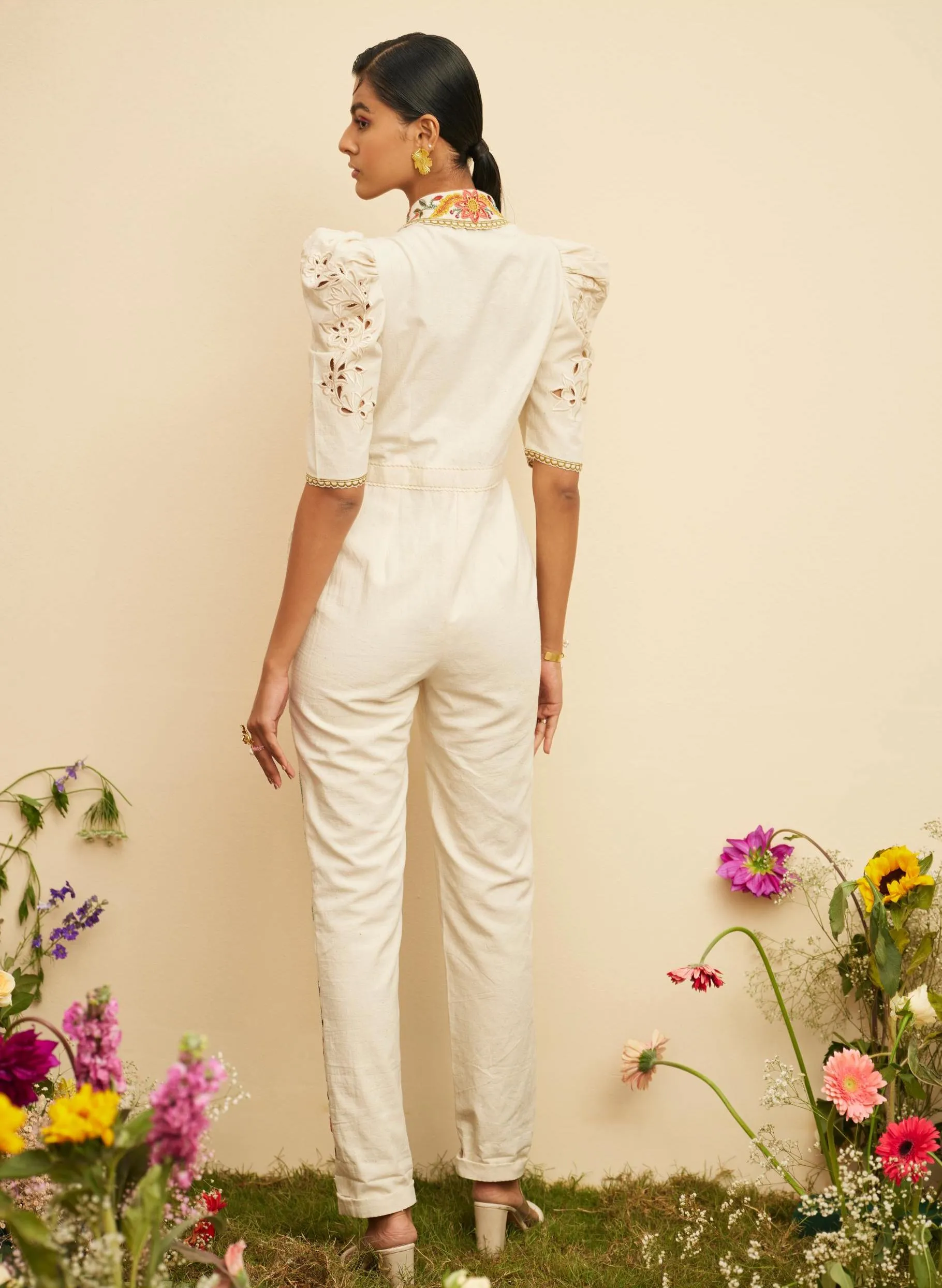 Ivory embroidered and cutwork jumpsuit