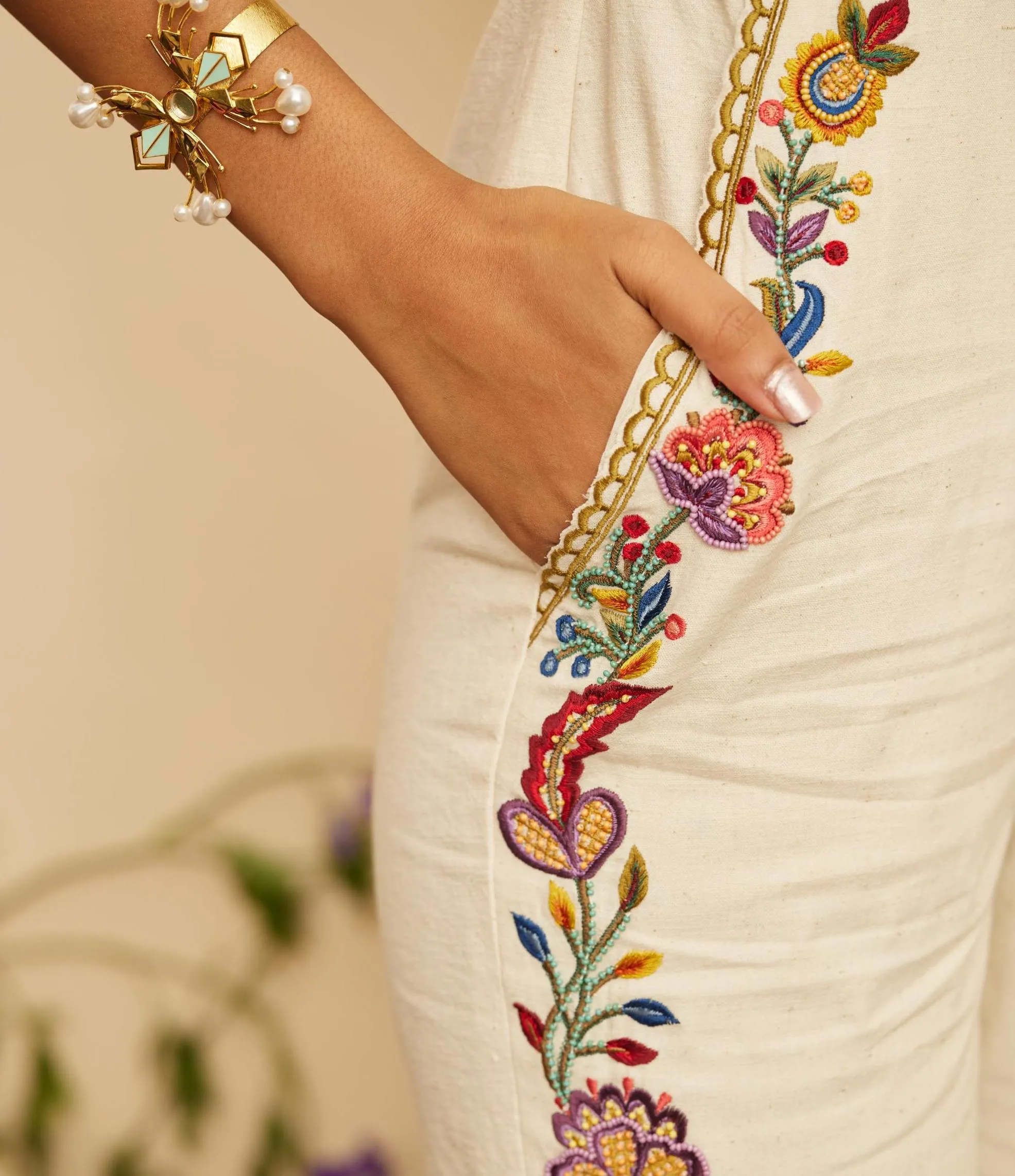 Ivory embroidered and cutwork jumpsuit