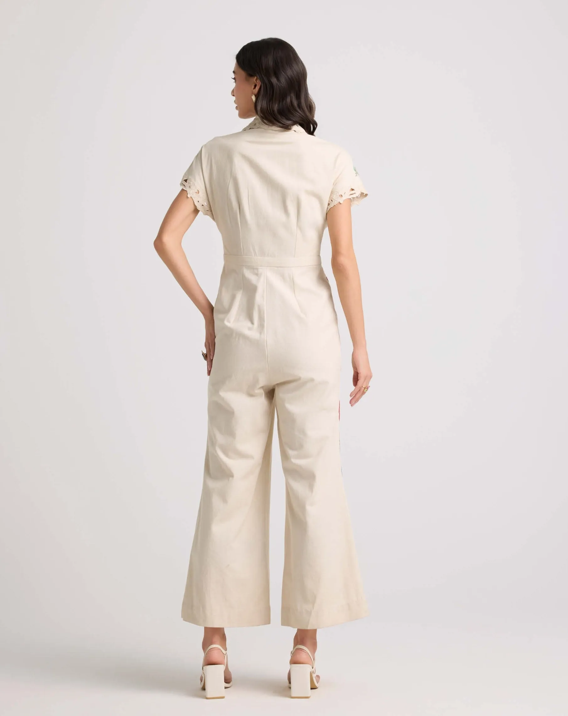 Ivory floral applique and beadwork jumpsuit