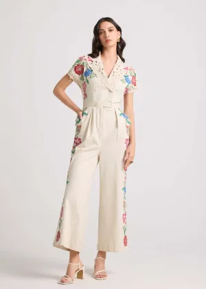 Ivory floral applique and beadwork jumpsuit