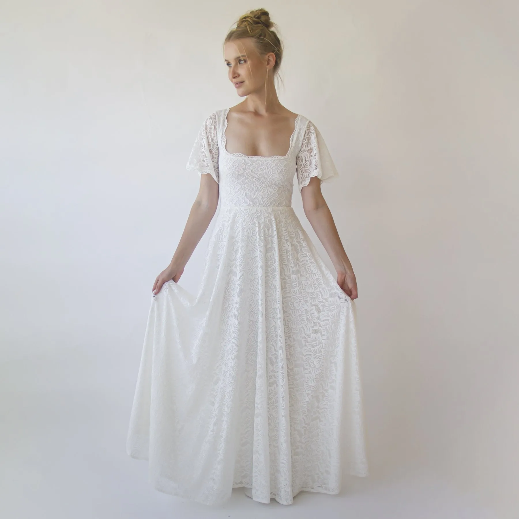 Ivory Square Neckline, Bohemian butterfly sleeves dress #1322