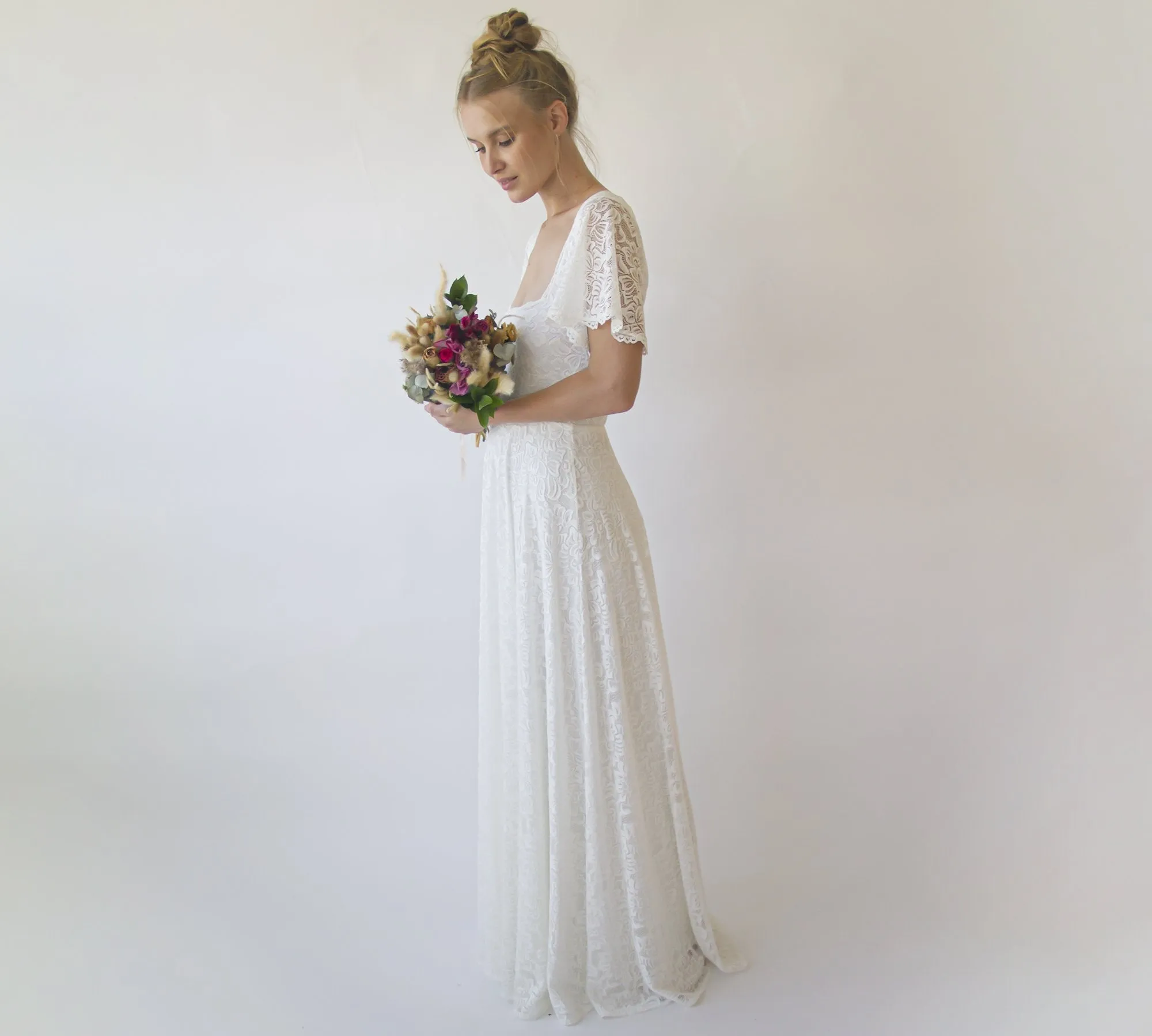 Ivory Square Neckline, Bohemian butterfly sleeves dress #1322