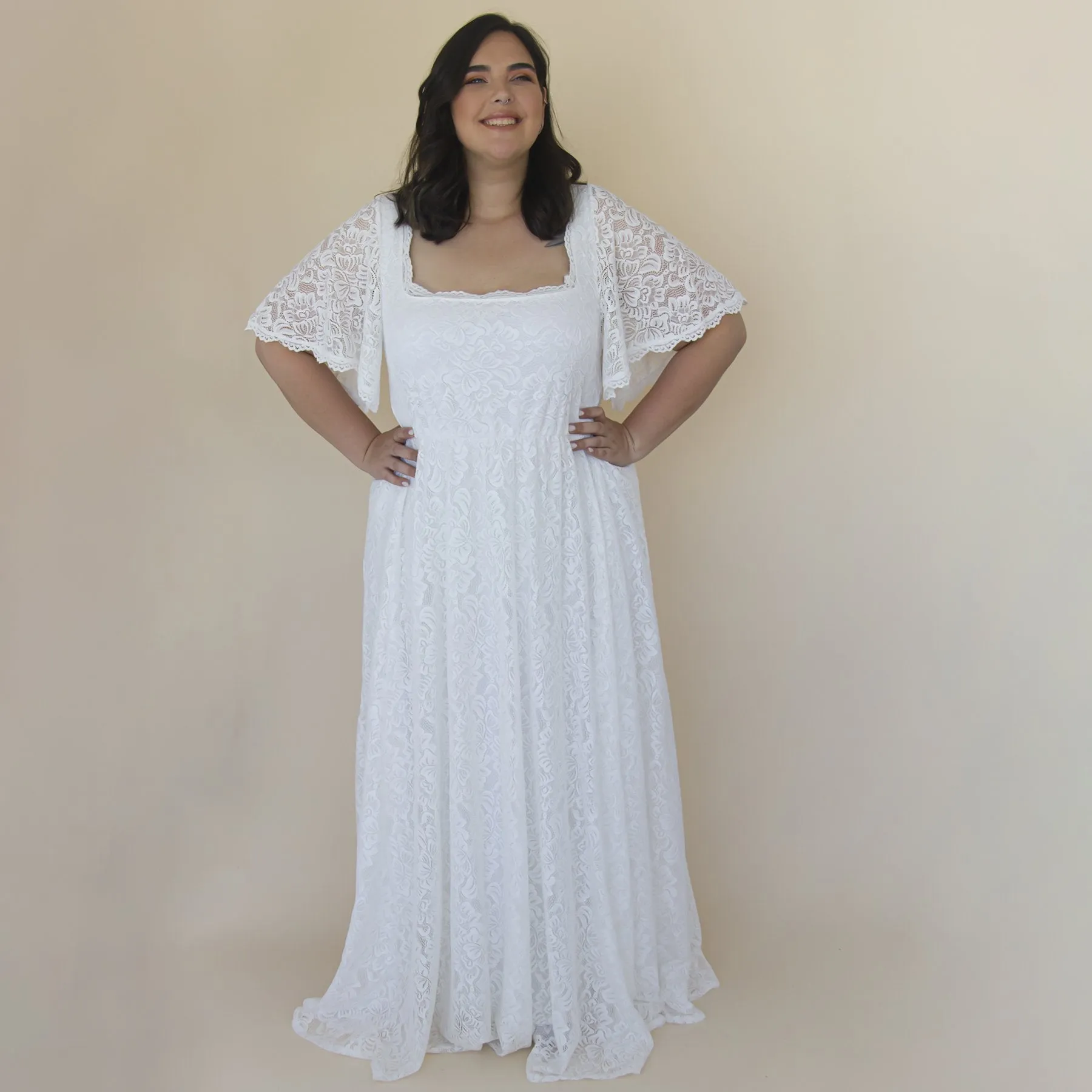 Ivory Square Neckline, Bohemian butterfly sleeves dress #1322