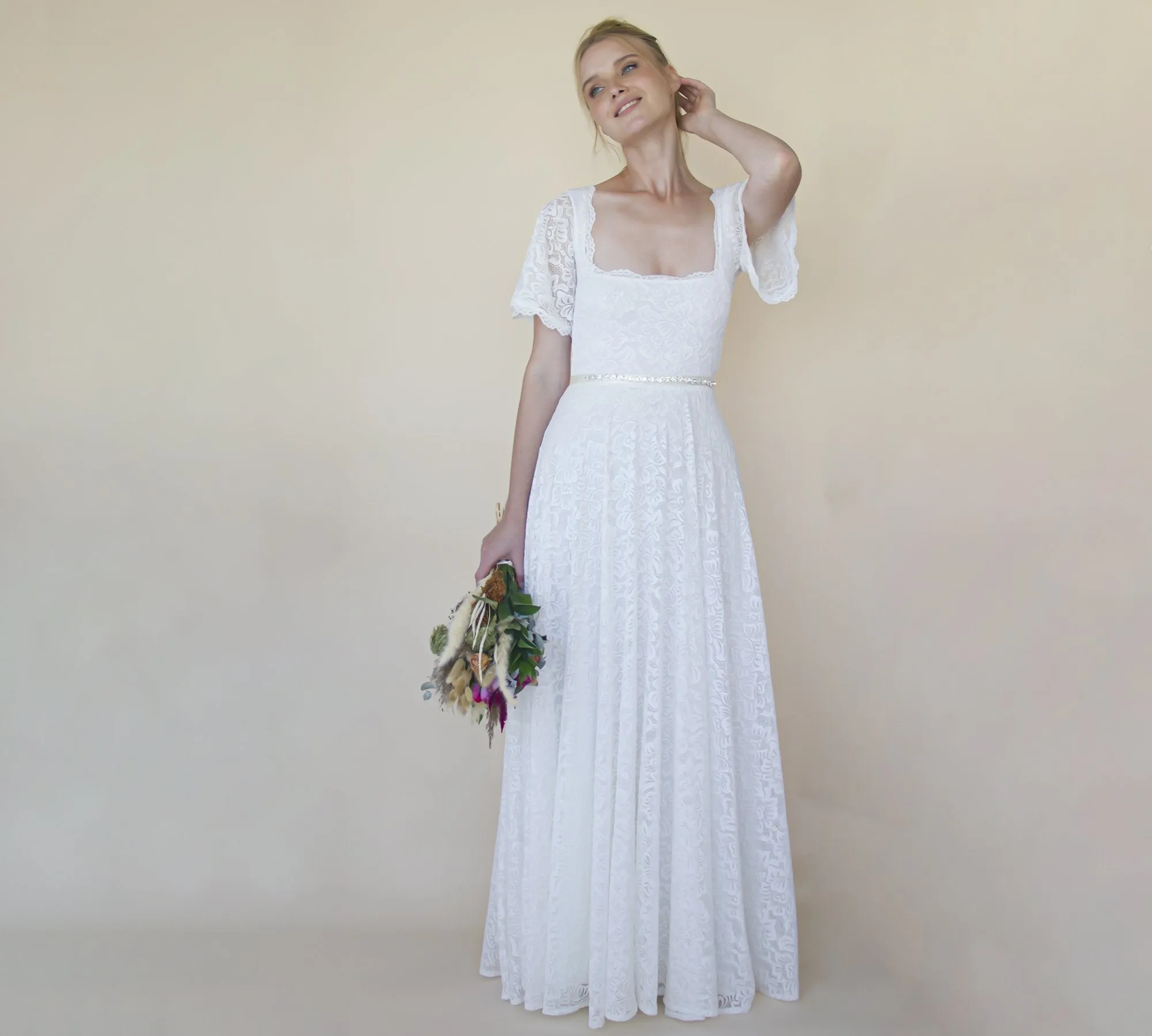Ivory Square Neckline, Bohemian butterfly sleeves dress #1322