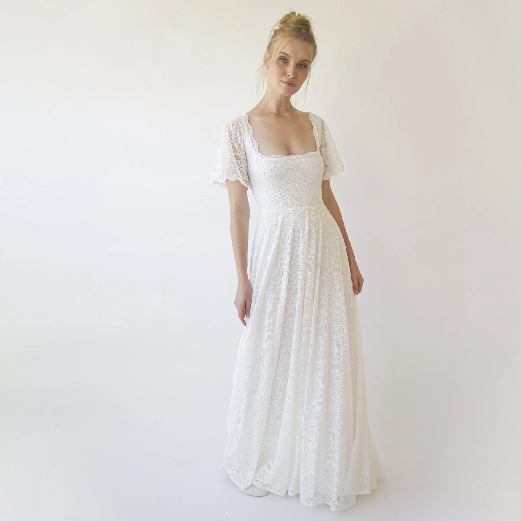 Ivory Square Neckline, Bohemian butterfly sleeves dress #1322