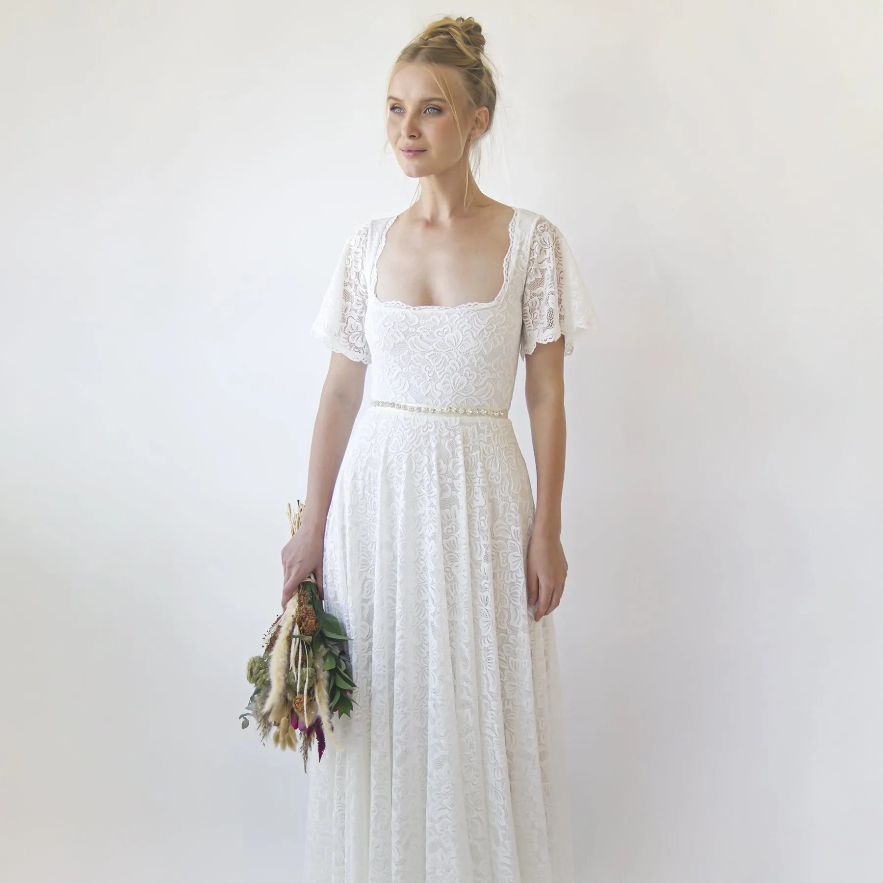 Ivory Square Neckline, Bohemian butterfly sleeves dress #1322