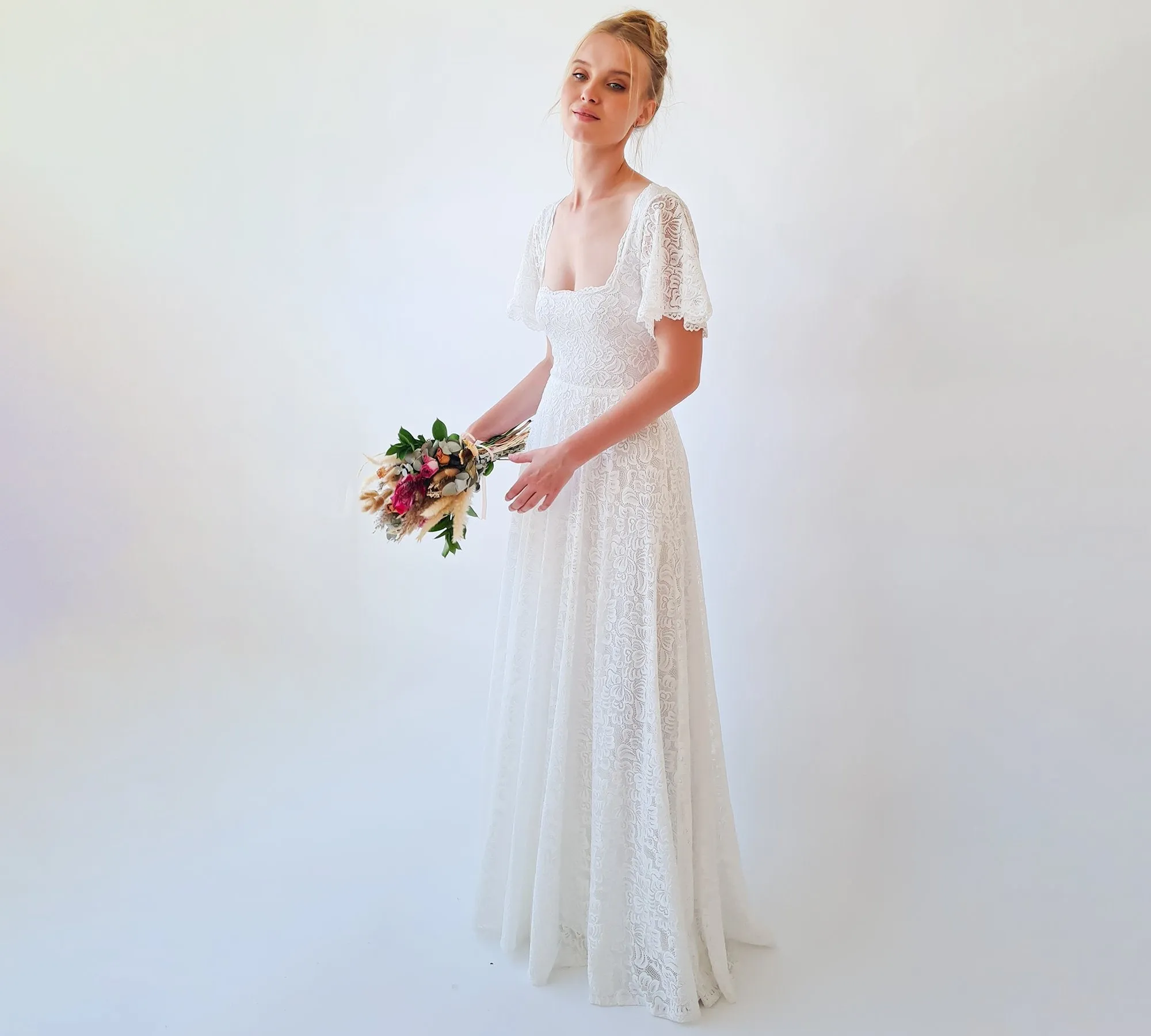 Ivory Square Neckline, Bohemian butterfly sleeves dress #1322
