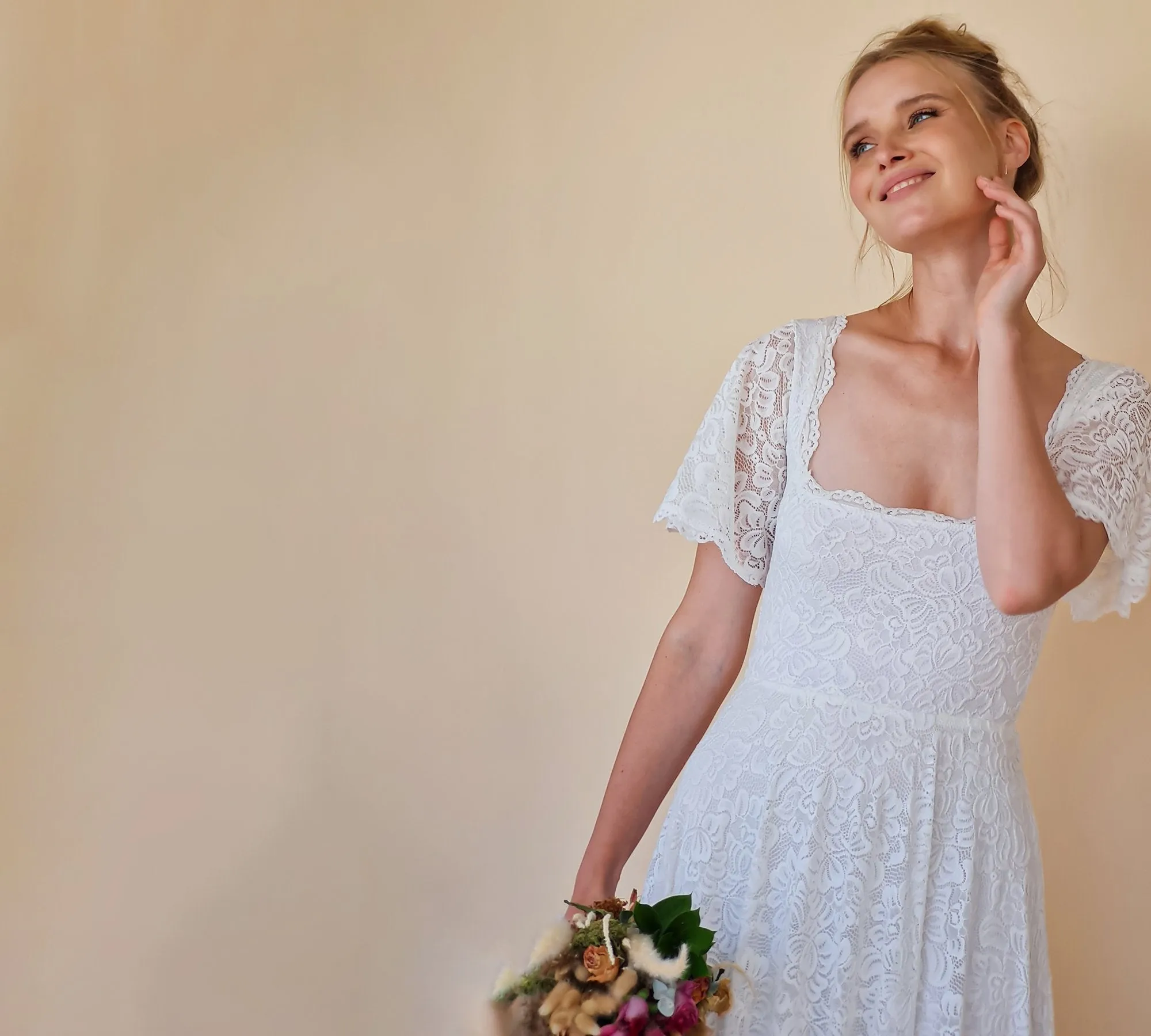 Ivory Square Neckline, Bohemian butterfly sleeves dress #1322