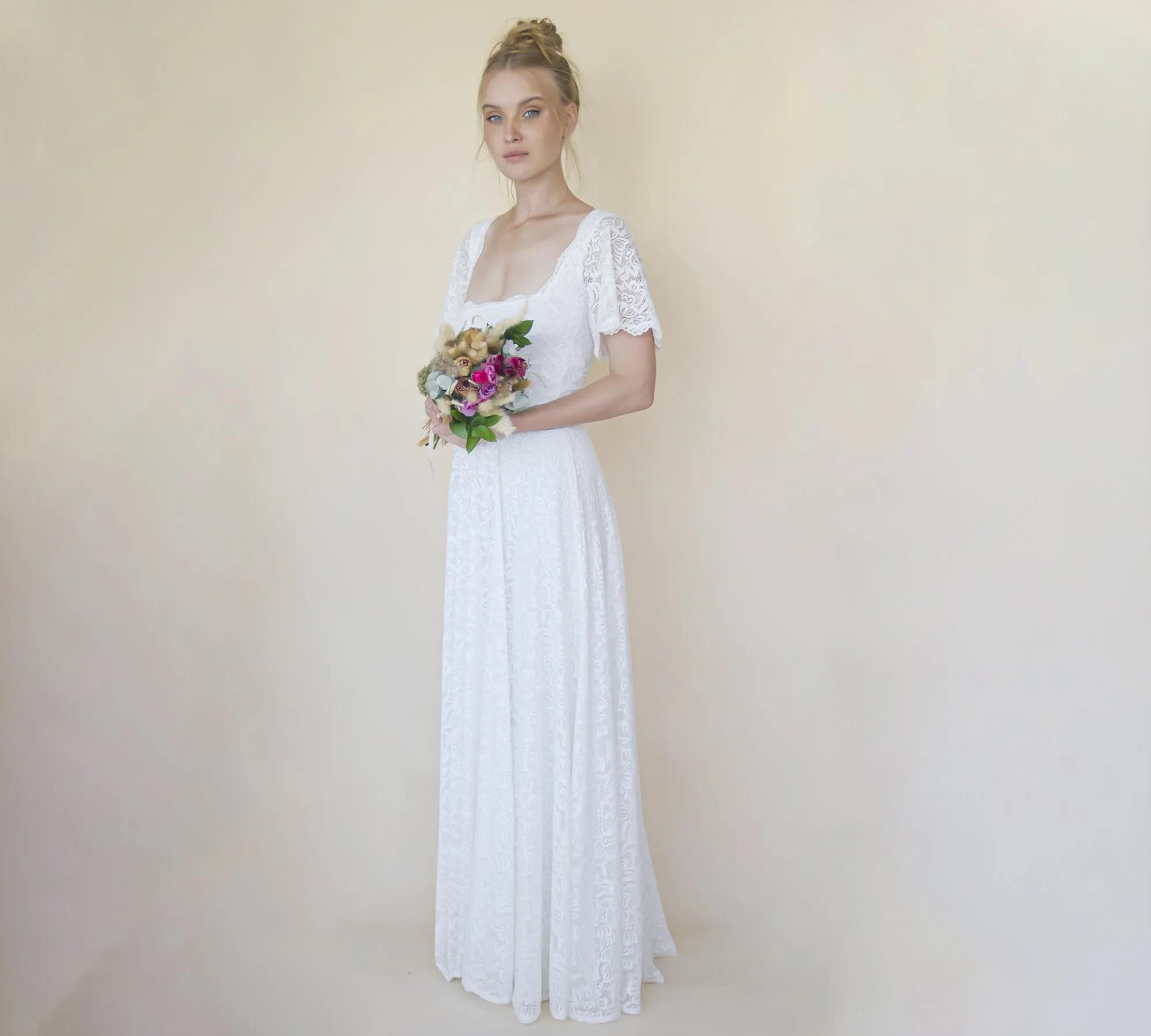 Ivory Square Neckline, Bohemian butterfly sleeves dress #1322